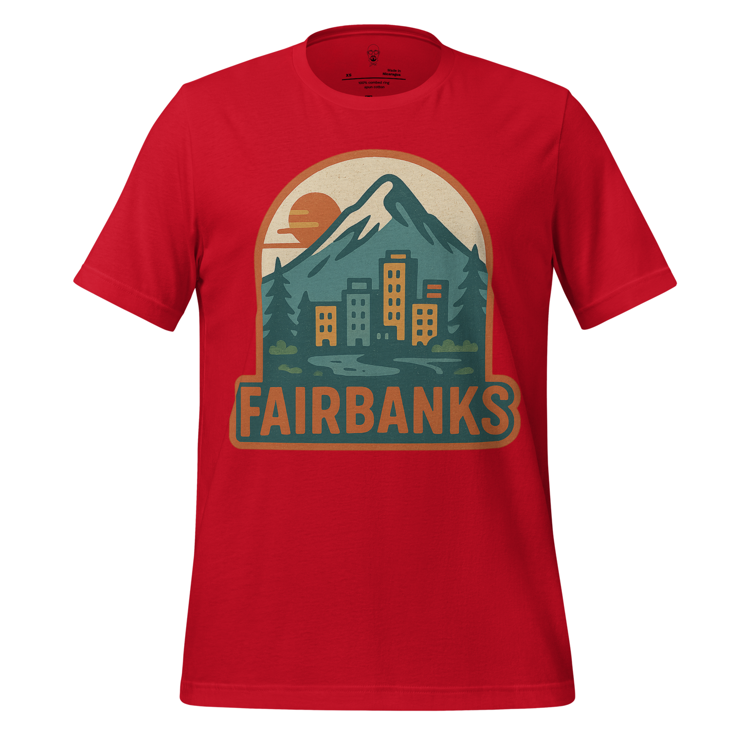 Red Fairbanks Graphic T-Shirt with mountain and city skyline design by JMK Drip