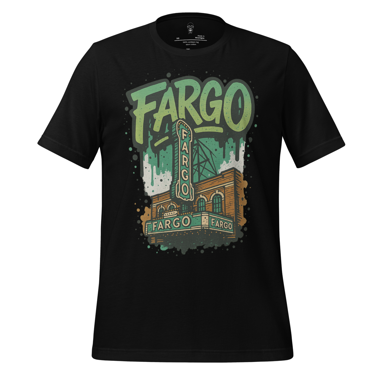 Black Fargo Graphic T-Shirt by JMK Drip featuring a vintage Fargo theater design in green and brown