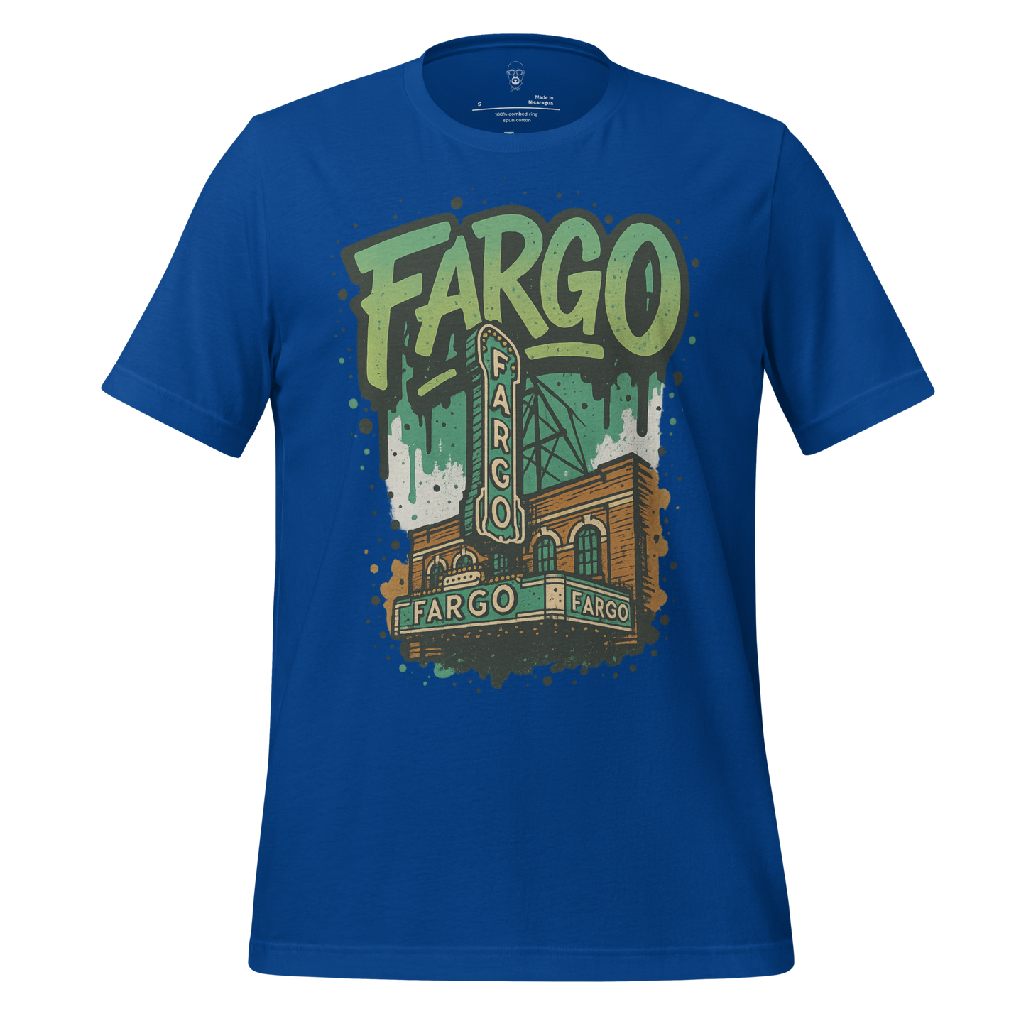 JMK Drip Fargo Graphic T-Shirt in blue with vintage Fargo cityscape design and bold lettering