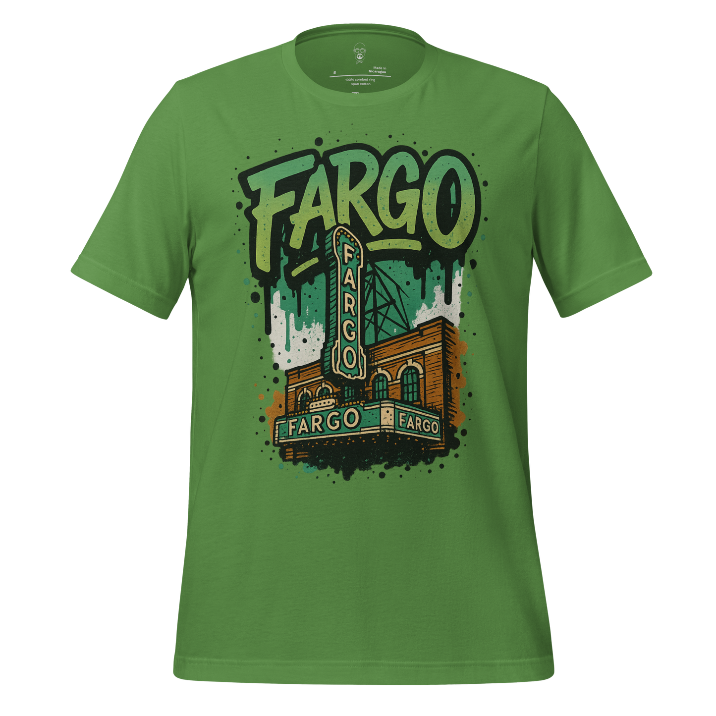 Green Fargo Graphic T-Shirt featuring vintage theater building illustration and bold Fargo text