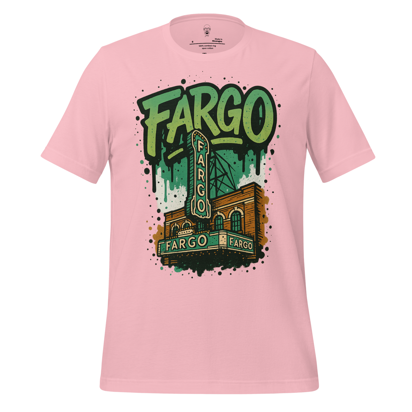 JMK Drip pink Fargo Graphic T-Shirt featuring vintage Fargo theater building illustration