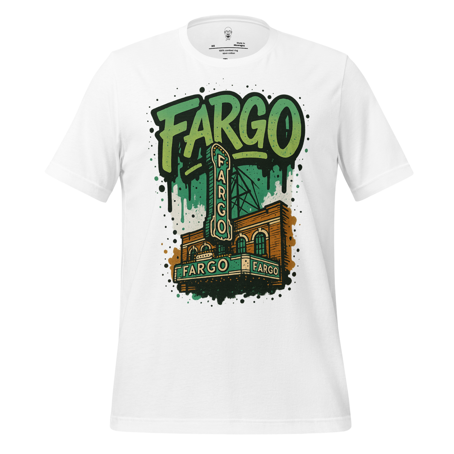 White Fargo Graphic T-Shirt by JMK Drip featuring green and brown retro Fargo building design