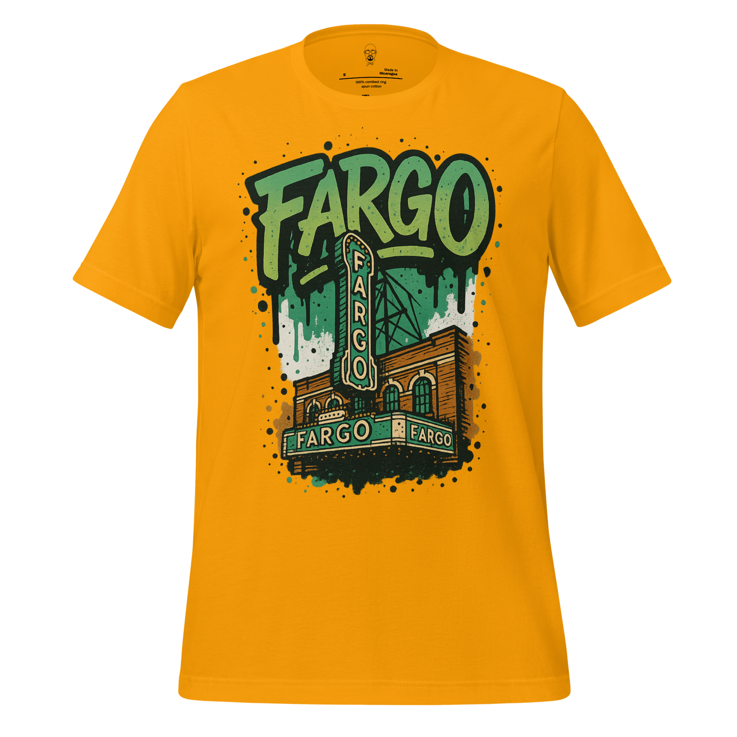 Yellow Fargo Graphic T-Shirt by JMK Drip featuring green and black vintage Fargo building design