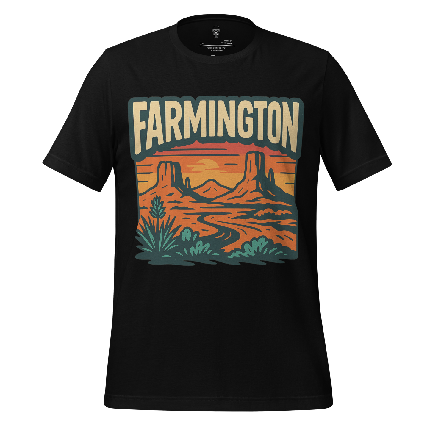 Black Farmington Graphic T-Shirt with orange and green desert landscape design by JMK Drip