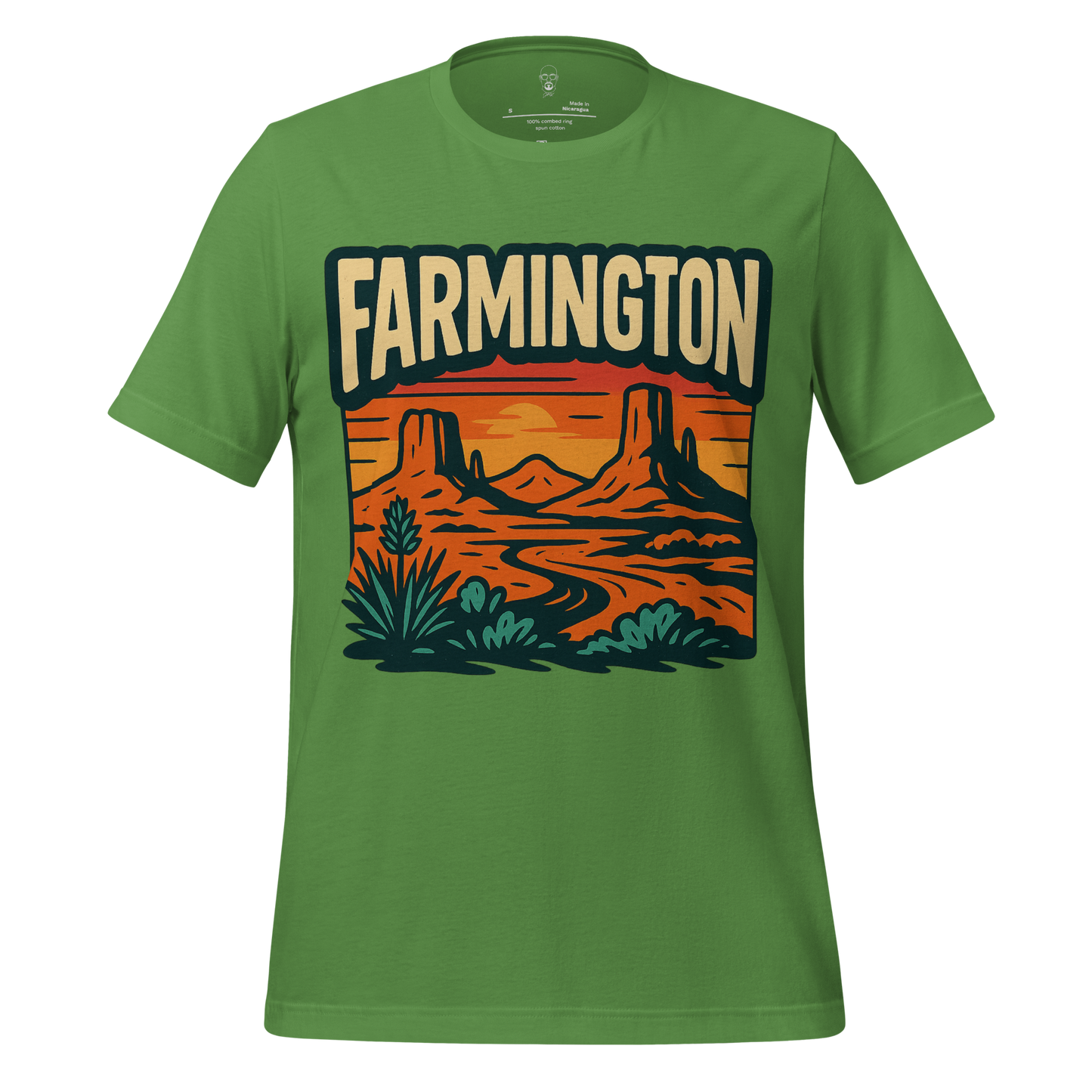 JMK Drip Farmington Graphic T-Shirt in green with desert landscape illustration and bold text