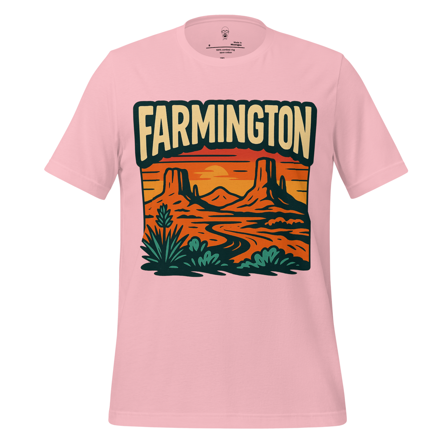 Farmington Graphic T-Shirt in pink with desert landscape and sunset design by JMK Drip