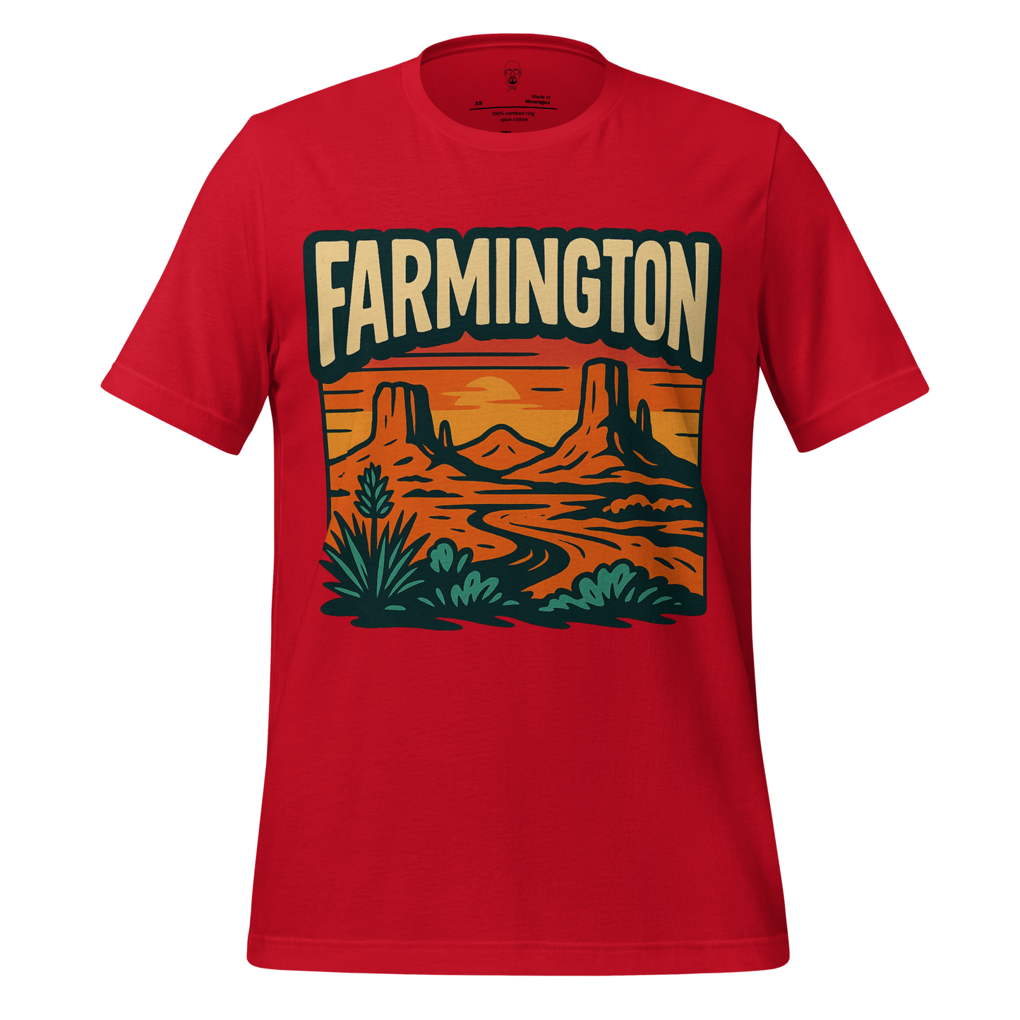Red JMK Drip Farmington Graphic T-Shirt with desert landscape and sunset design