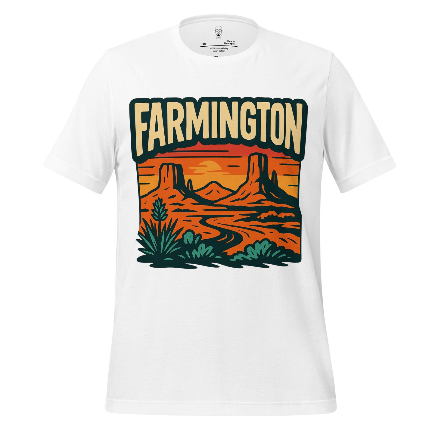 White Farmington Graphic T-Shirt by JMK Drip with desert landscape and bold lettering design