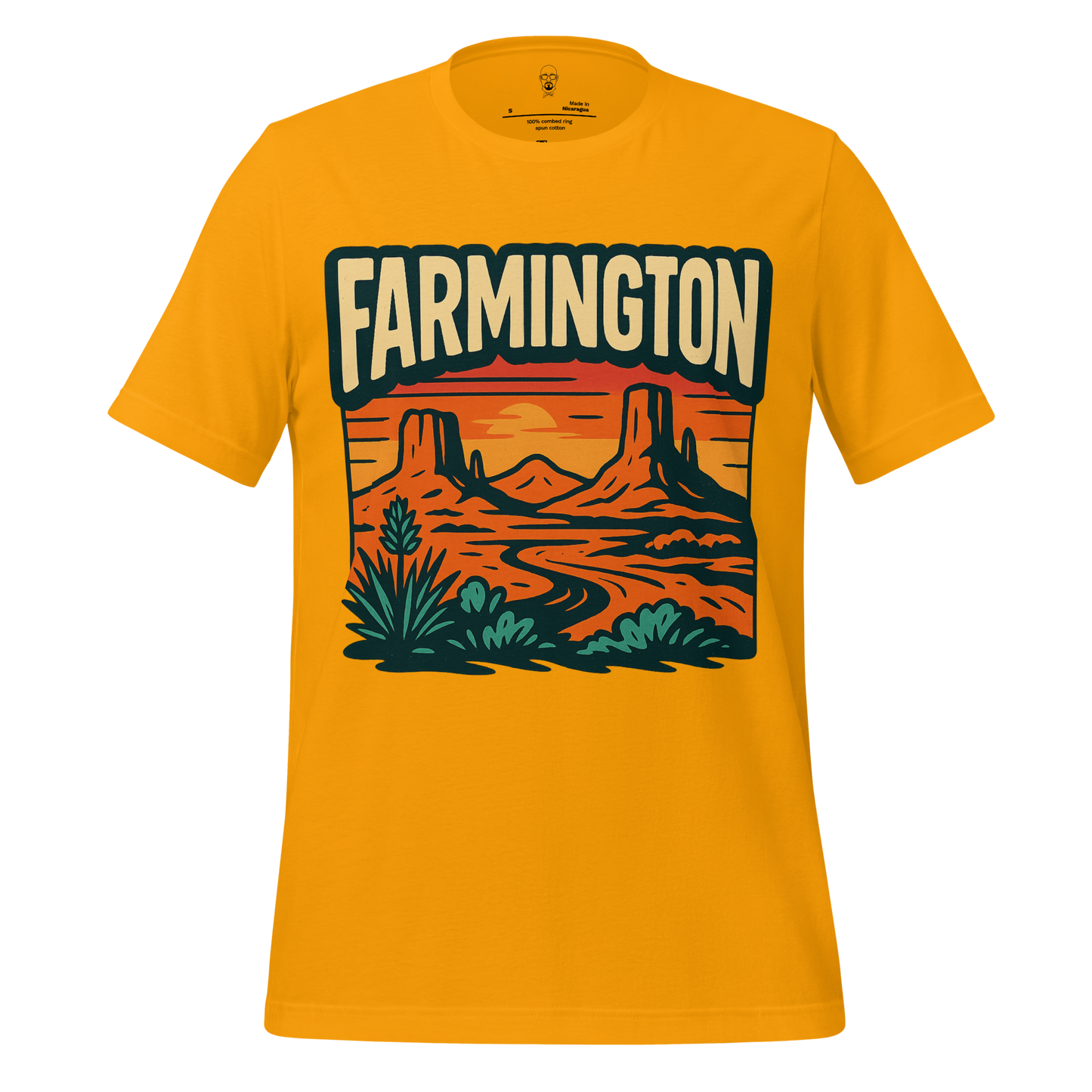 JMK Drip Farmington Graphic T-Shirt in yellow with desert landscape and bold Farmington text