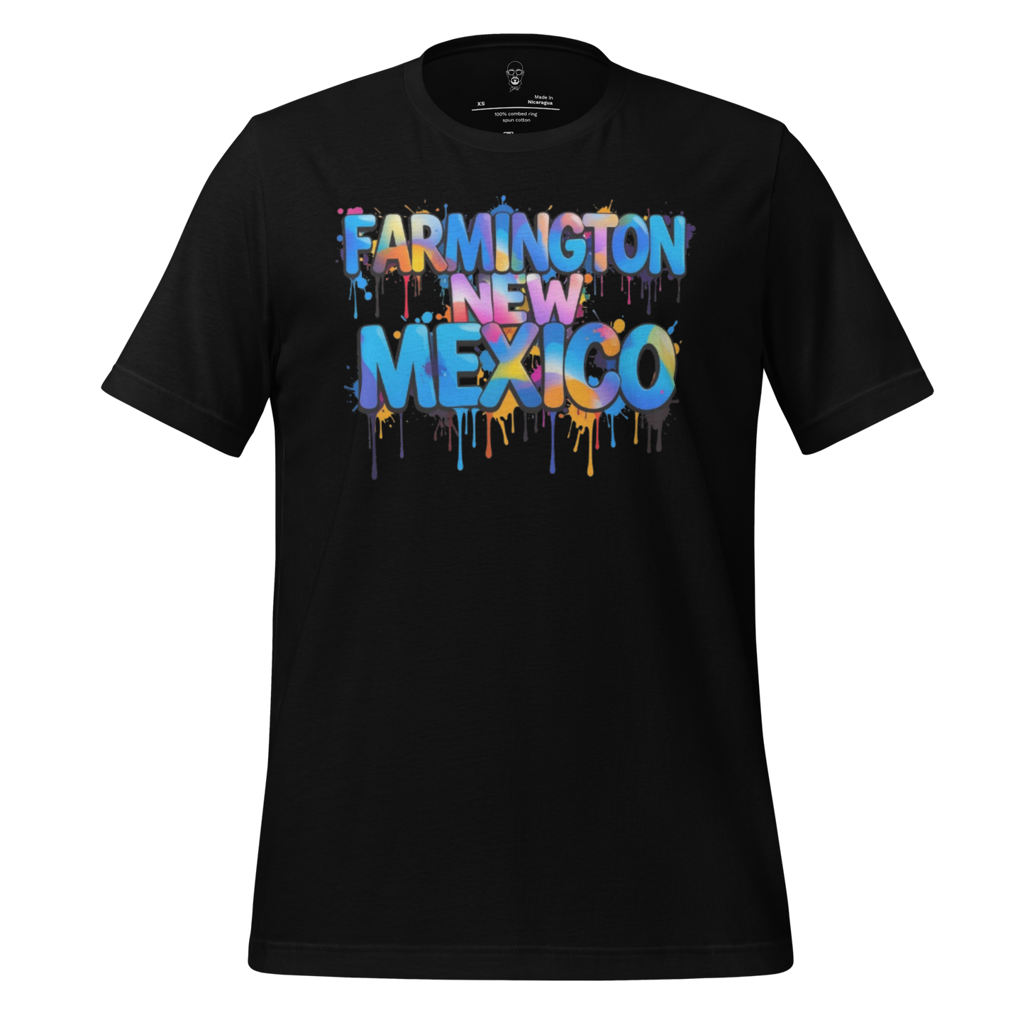 Black t-shirt with colorful dripping paint text reading Farmington New Mexico t-shirt from JMK Drip