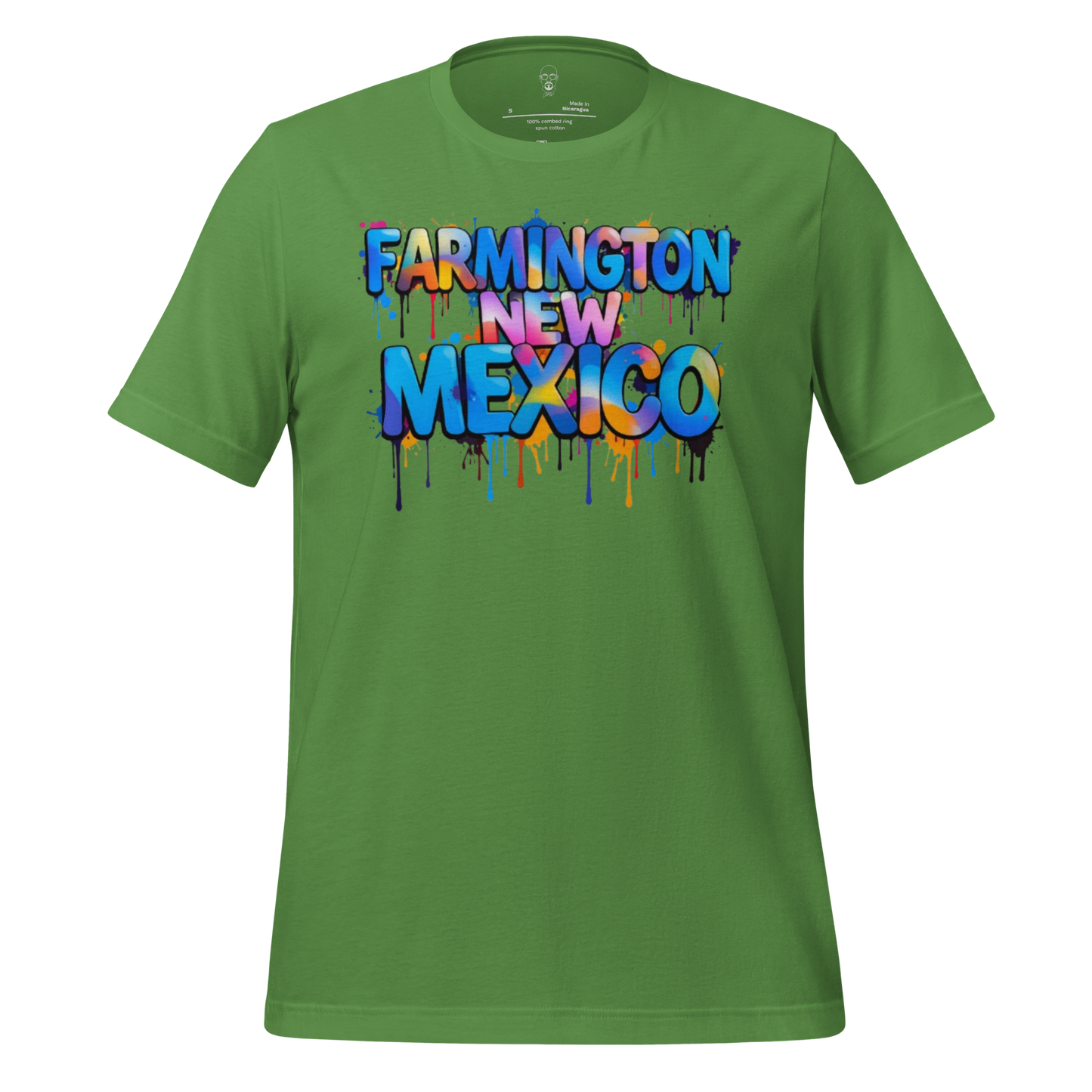 Green JMK Drip Farmington New Mexico t-shirt with colorful graffiti style text design