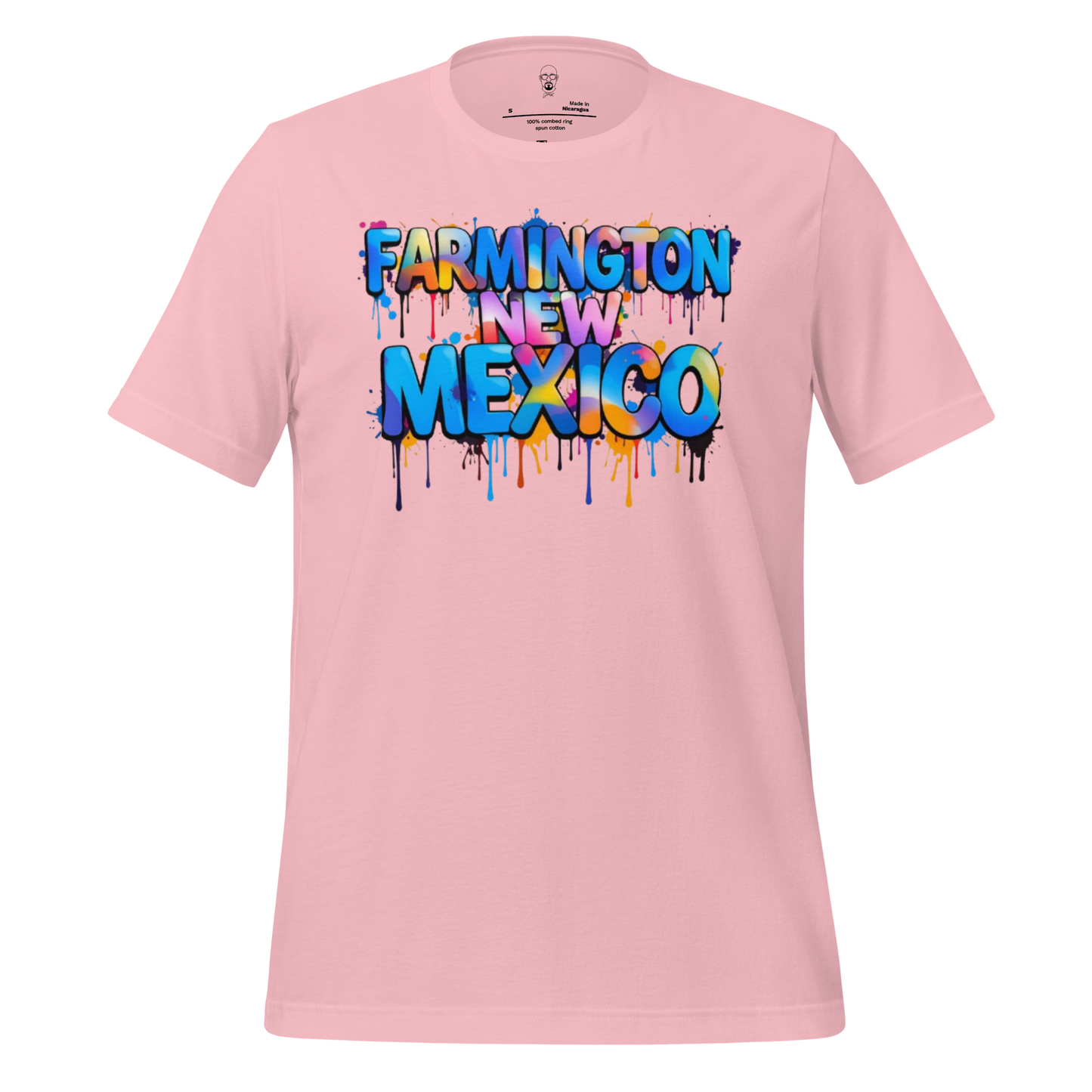 Pink t-shirt with colorful dripping graffiti text Farmington New Mexico t-shirt design