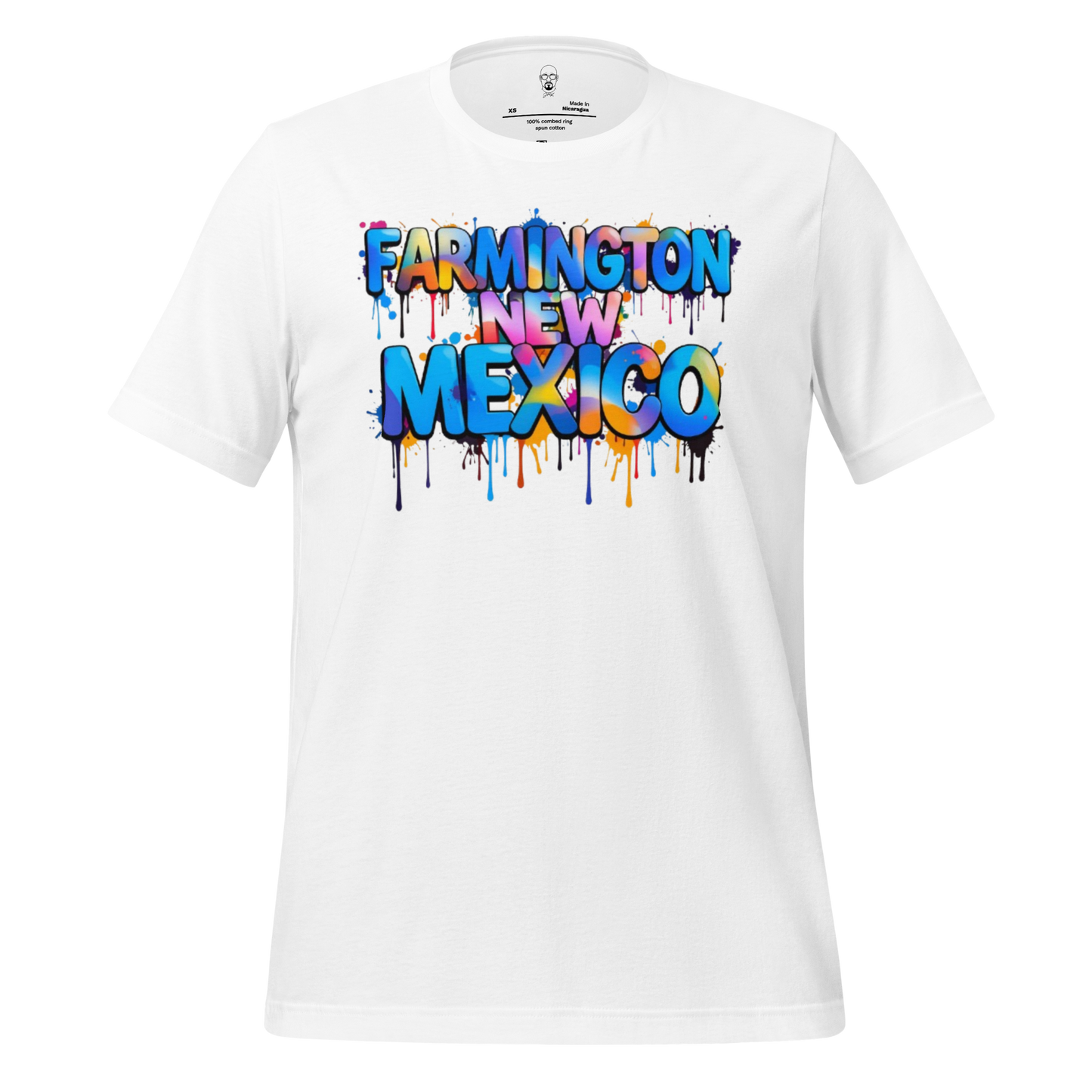 White t-shirt with colorful graffiti style text Farmington New Mexico t-shirt design by JMK Drip