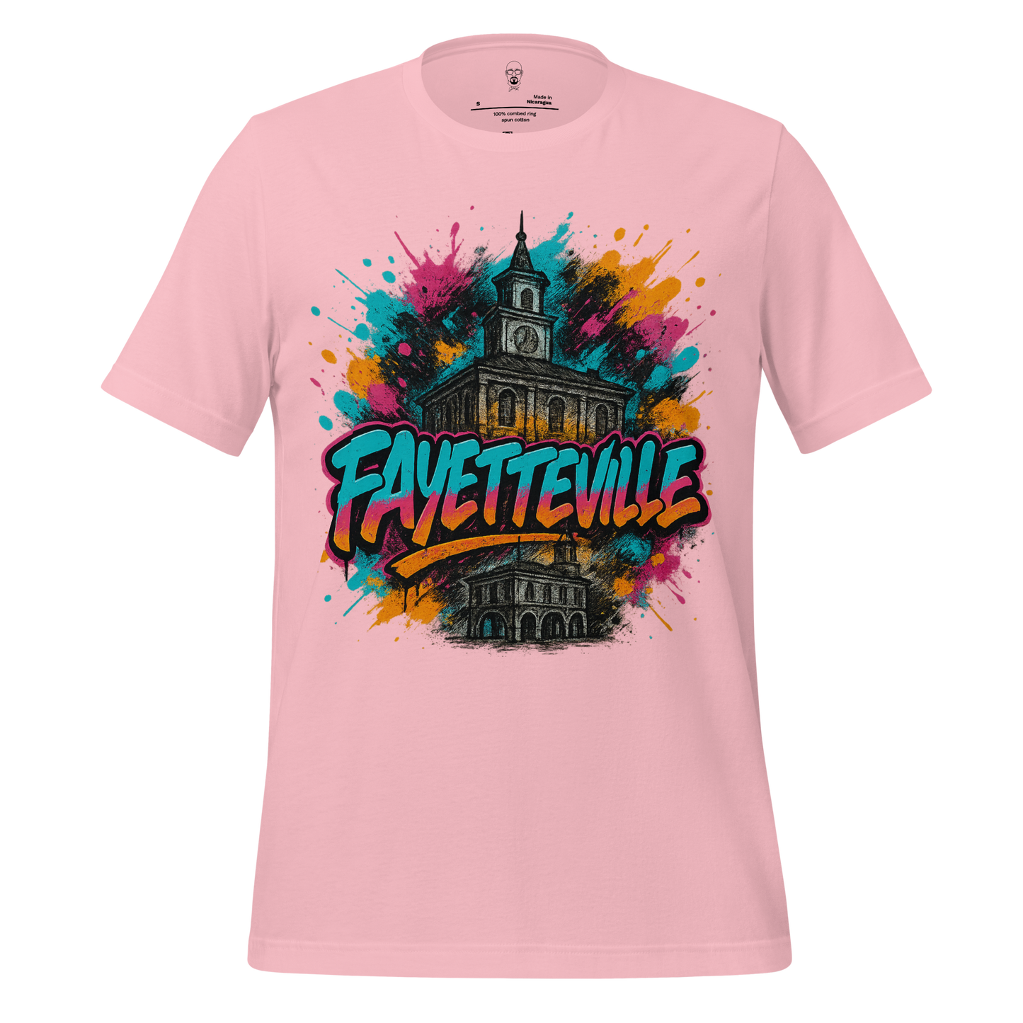 Pink Fayetteville Graphic T-Shirt by JMK Drip with colorful city building and bold lettering design