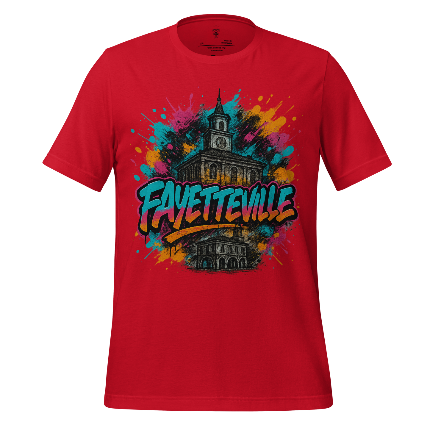 Red Fayetteville Graphic T-Shirt with colorful splash design and historic building illustration