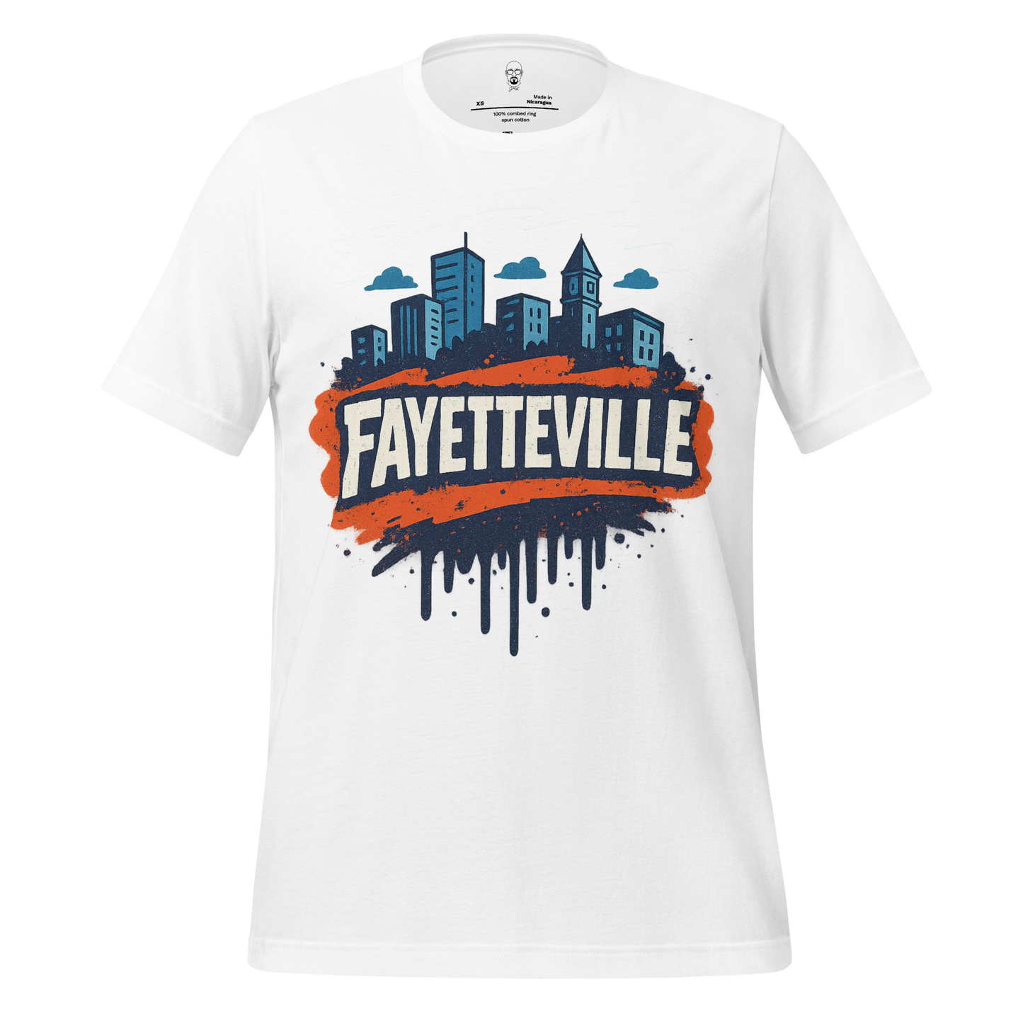 White Fayetteville Graphic T-Shirt by JMK Drip with city skyline and bold orange design