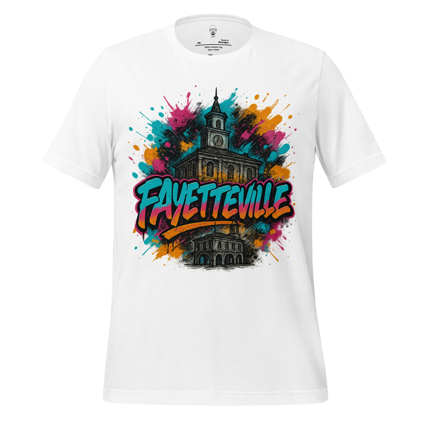 White Fayetteville Graphic T-Shirt with colorful splash design and downtown clock tower artwork