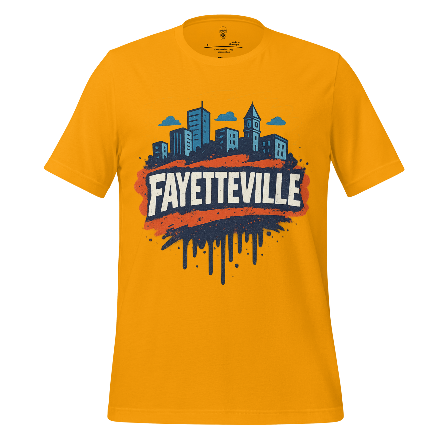 Yellow Fayetteville Graphic T-Shirt with city skyline design and bold text by JMK Drip