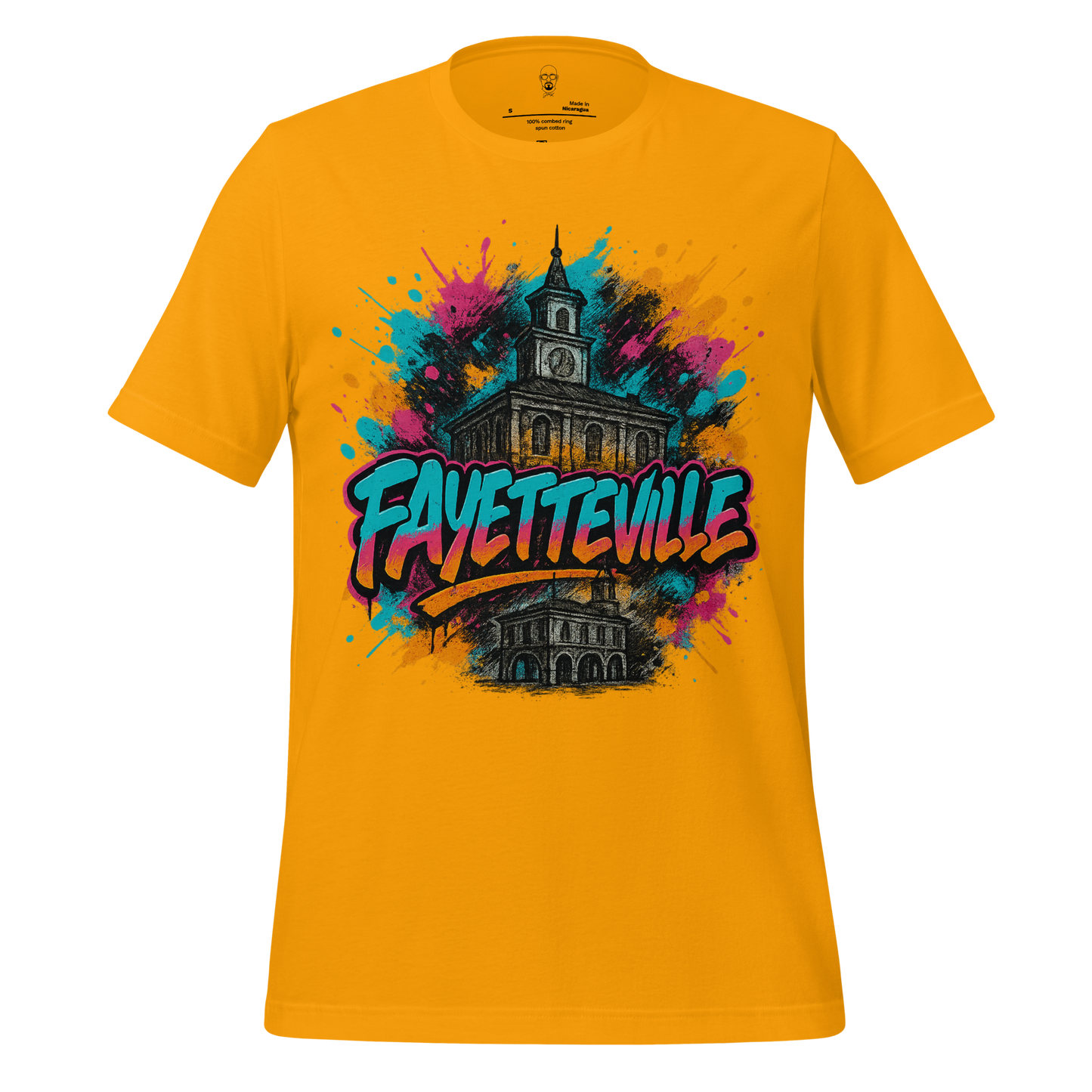 JMK Drip Fayetteville Graphic T-Shirt in yellow with colorful cityscape and graffiti style text design