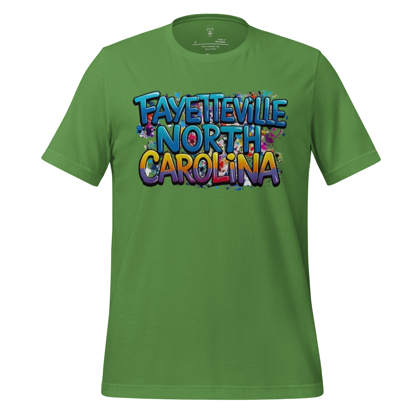 Green Fayetteville North Carolina t-shirt with colorful graffiti style text design