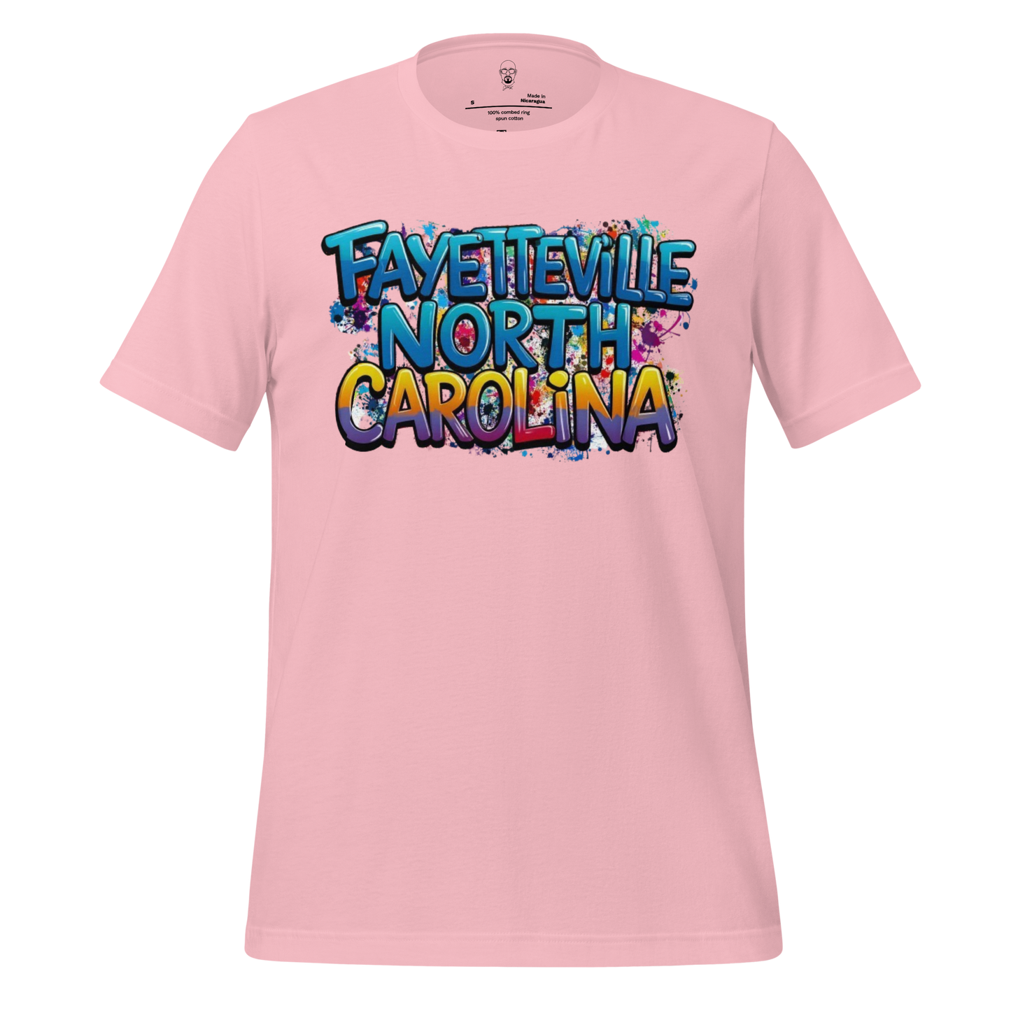 Pink JMK Drip Fayetteville North Carolina t-shirt with colorful graffiti style text design