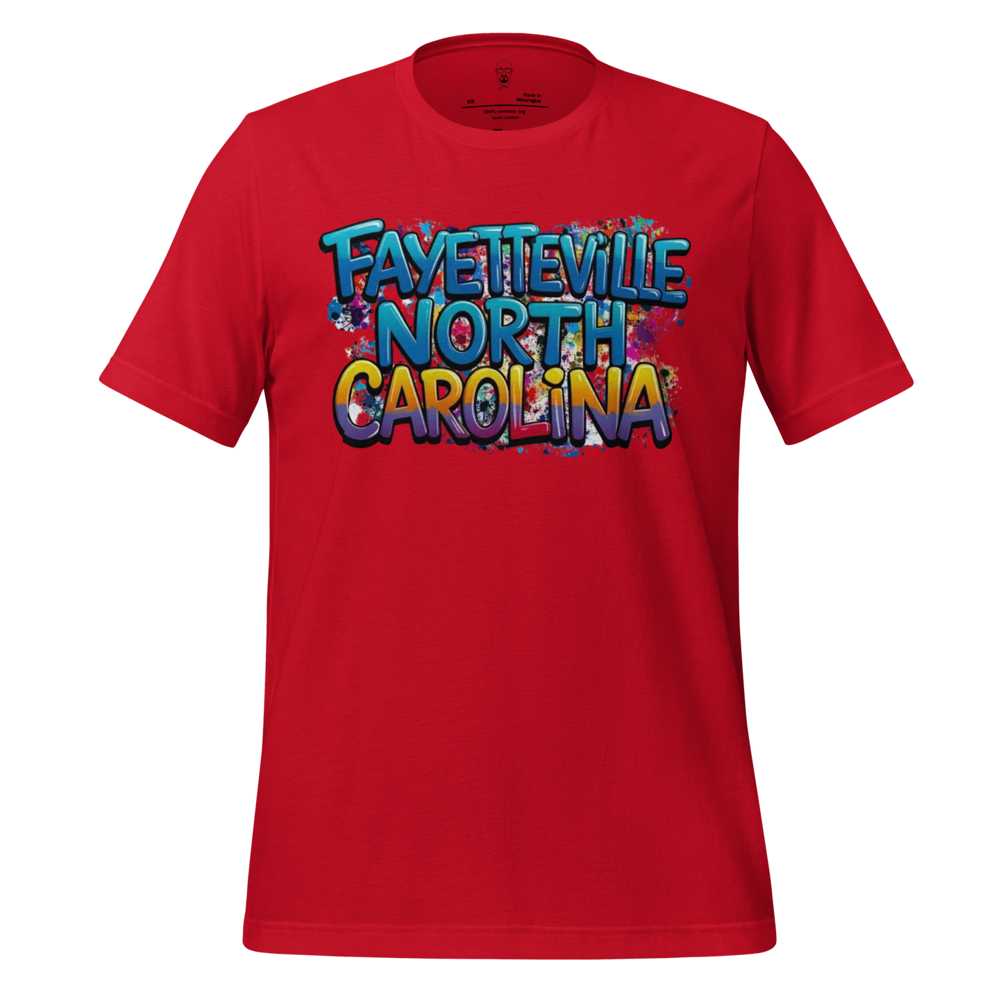 Red Fayetteville North Carolina t-shirt with colorful graffiti style text design by JMK Drip
