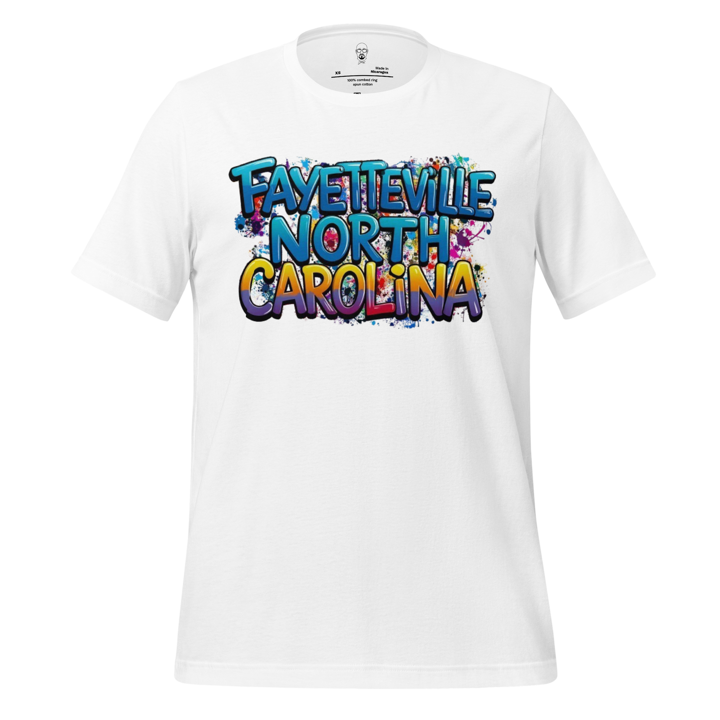 White Fayetteville North Carolina t-shirt with colorful graffiti-style text design by JMK Drip