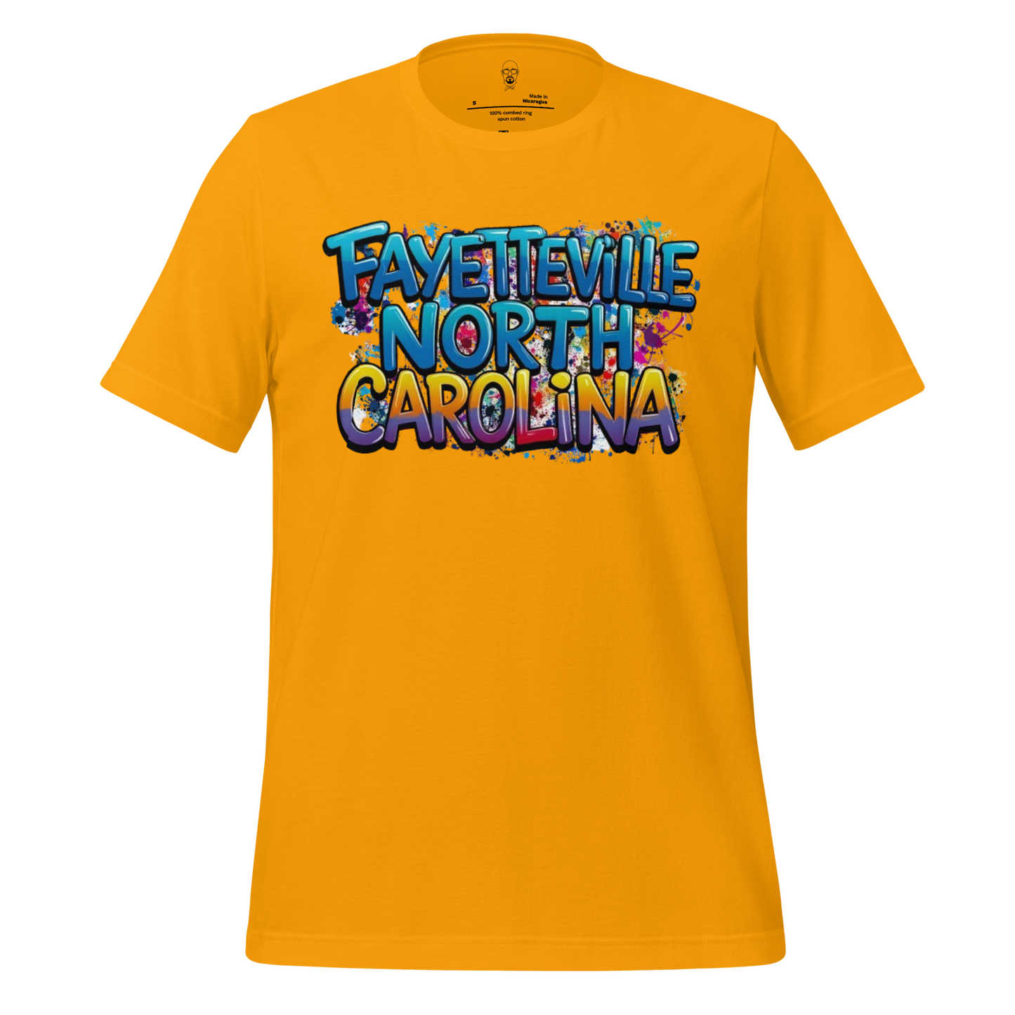 Yellow Fayetteville North Carolina t-shirt with colorful graffiti-style city name print