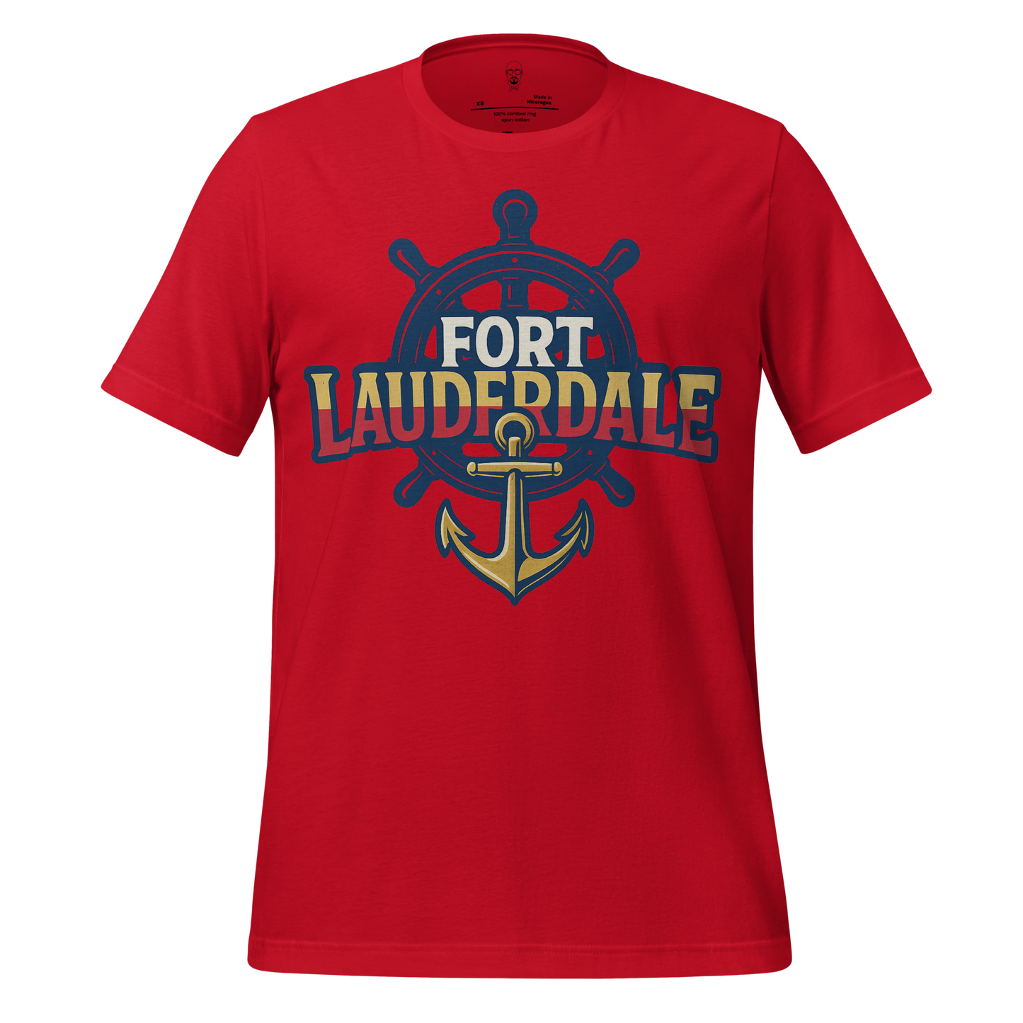 Red Fort Lauderdale Graphic T-Shirt with navy ship wheel and yellow anchor design