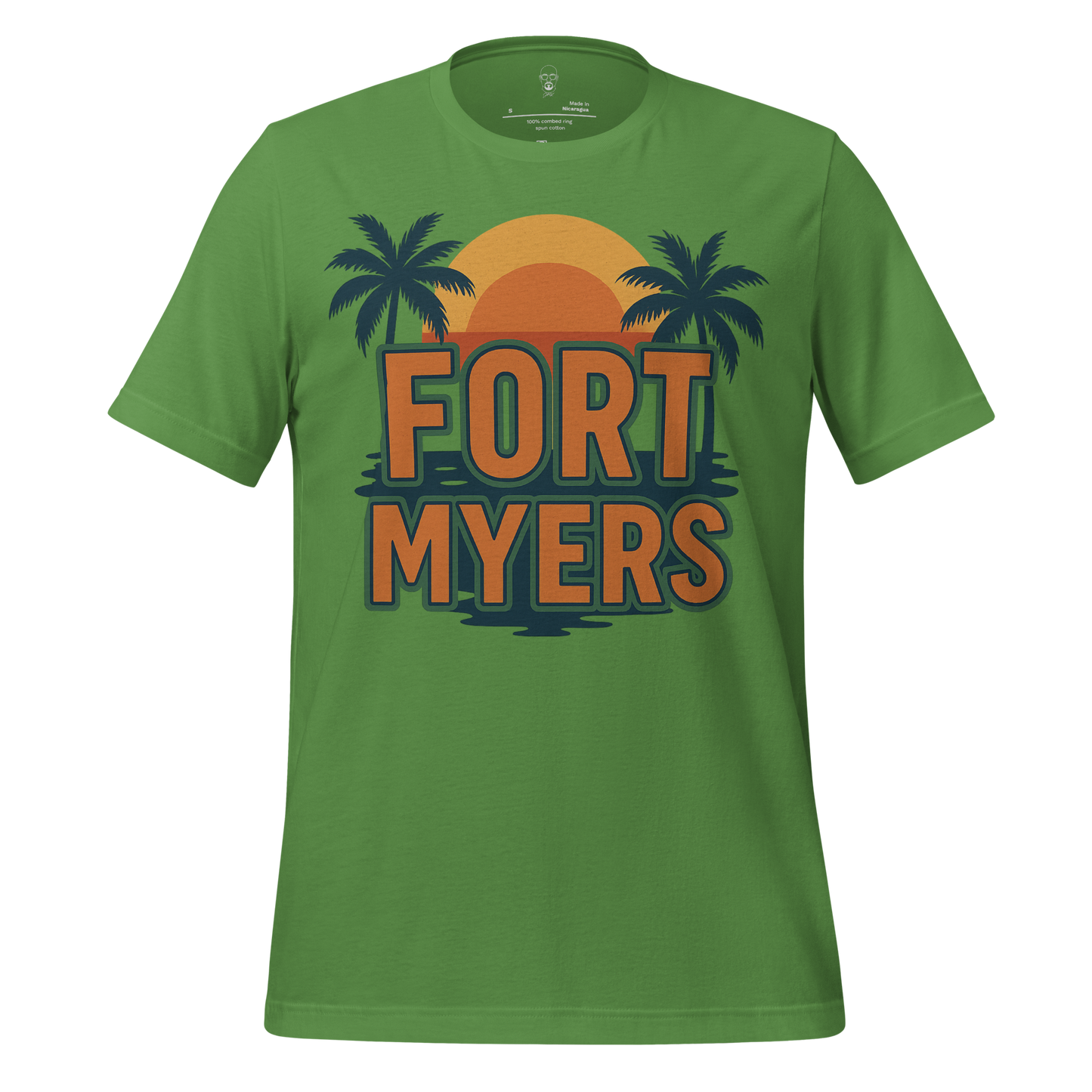 Green Fort Myers Graphic T-Shirt with sunset and palm tree design front print