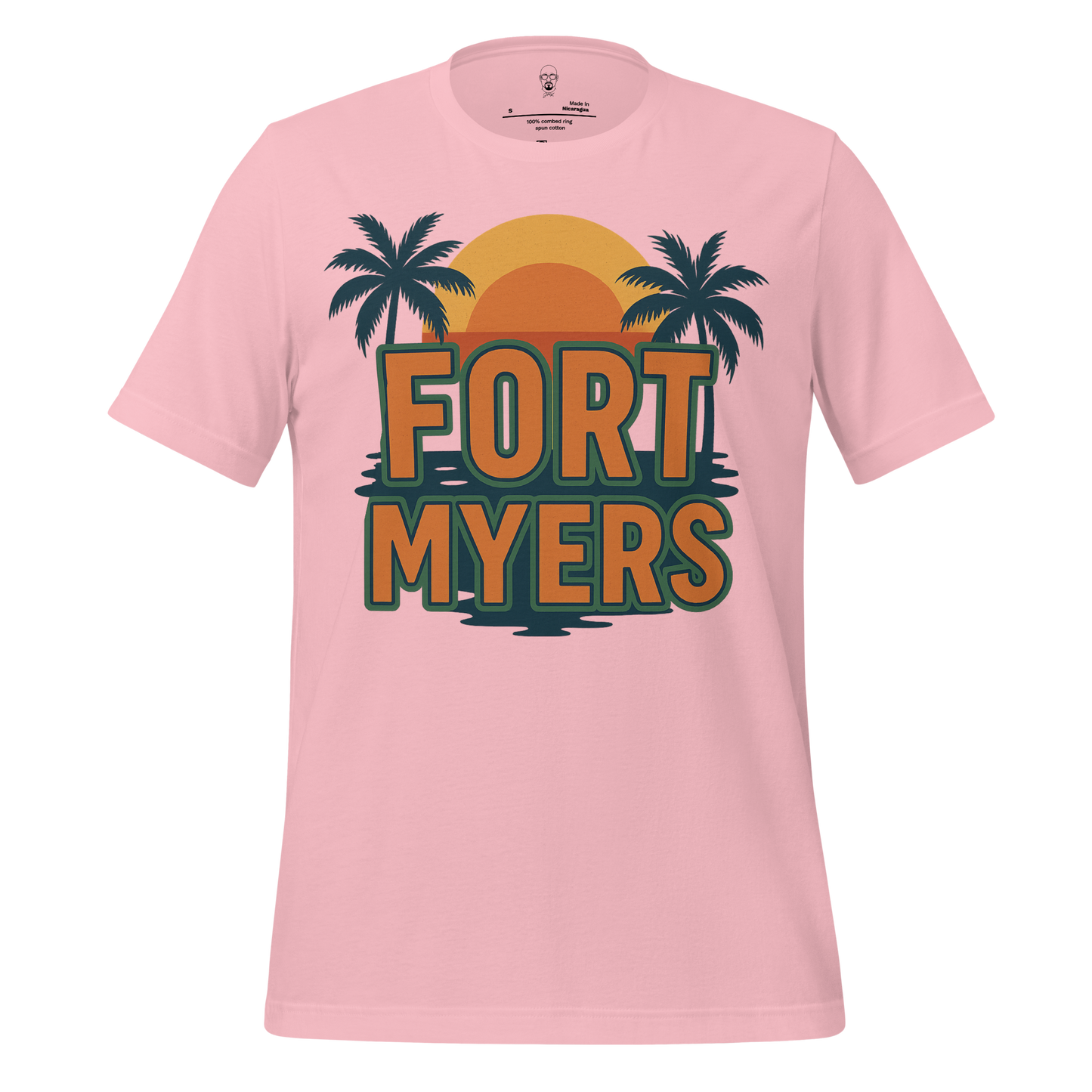 Pink Fort Myers Graphic T-Shirt featuring sunset and palm tree design