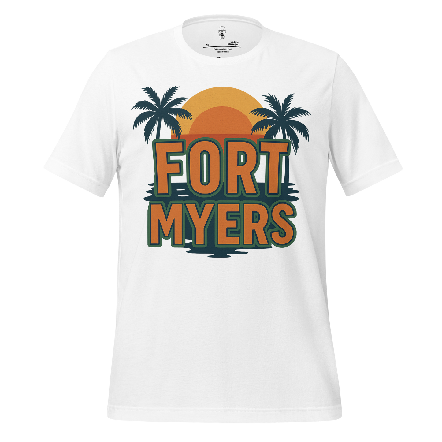 White Fort Myers Graphic T-Shirt with sunset and palm tree design on front