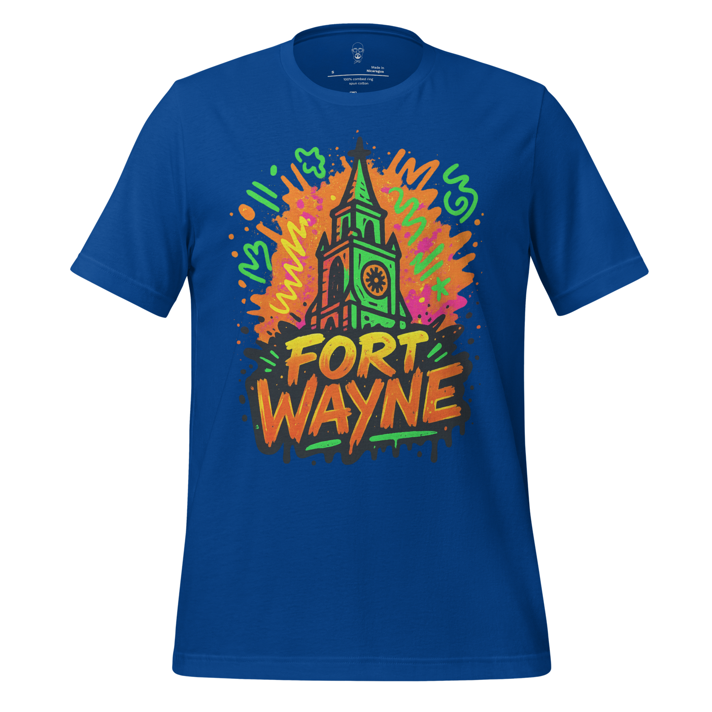 JMK Drip Fort Wayne Graphic T-Shirt in blue with colorful clock tower design and bold text