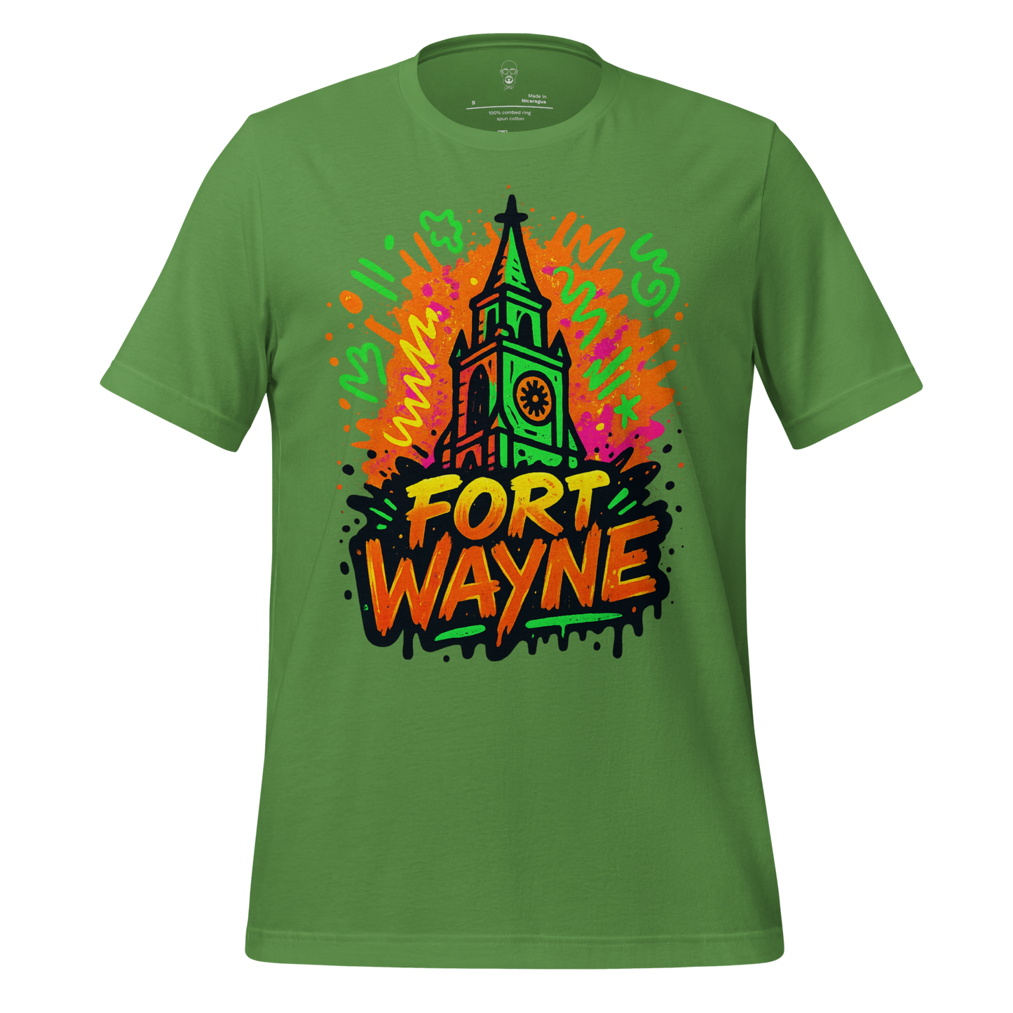 JMK Drip green Fort Wayne Graphic T-Shirt with colorful clock tower design and graffiti style text
