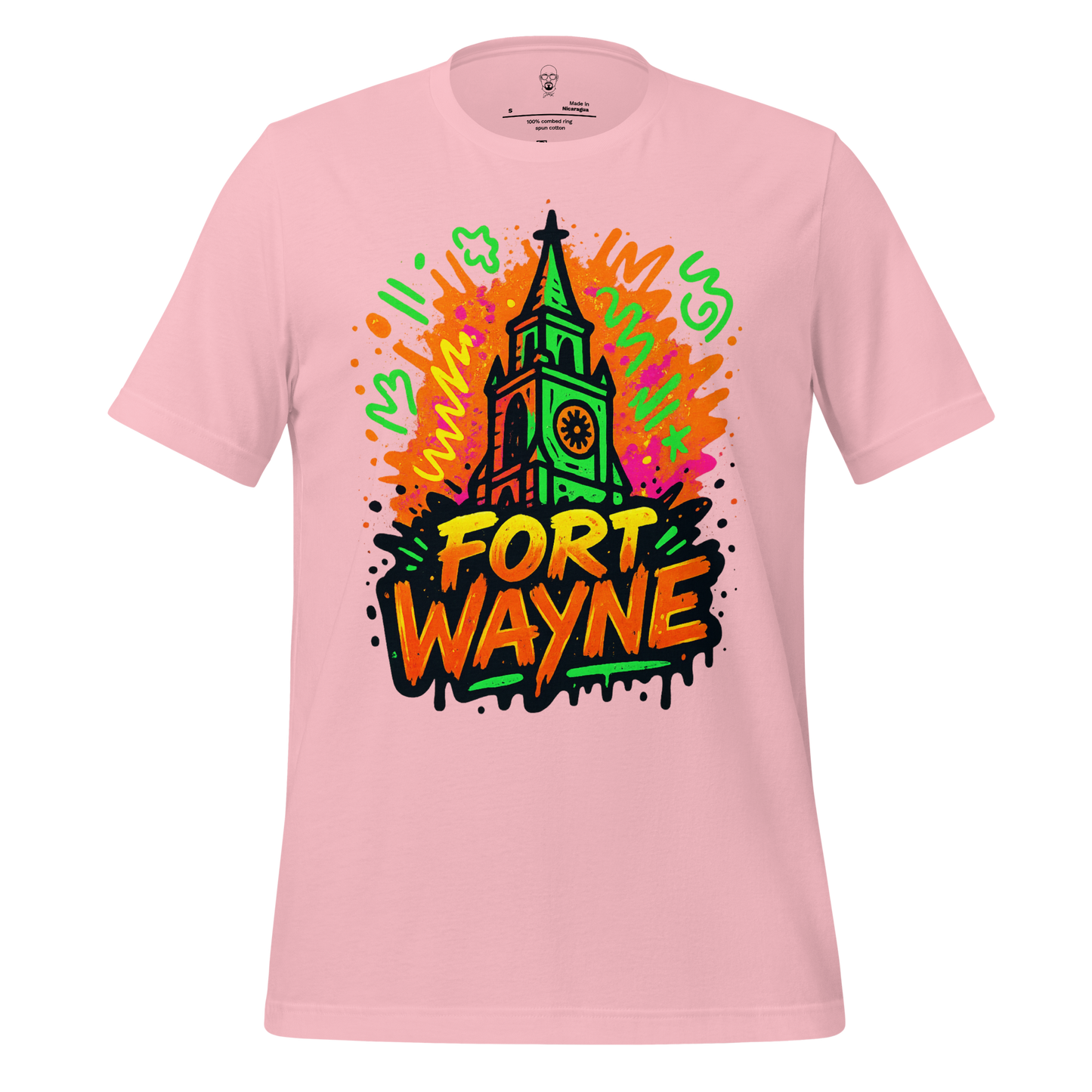 Pink JMK Drip Fort Wayne Graphic T-Shirt with colorful clock tower design and graffiti style text