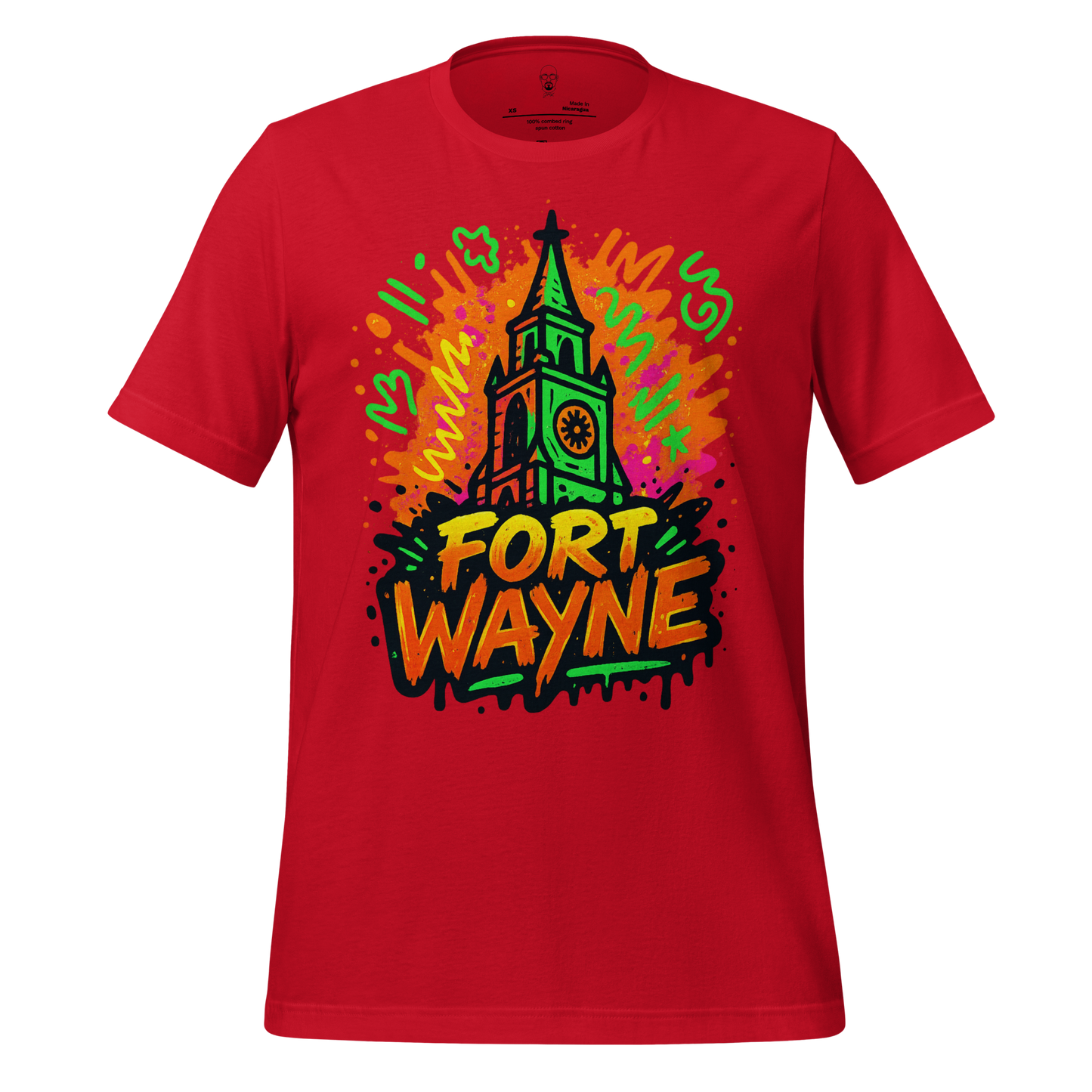 Red Fort Wayne Graphic T-Shirt with colorful city tower design and vibrant artistic accents