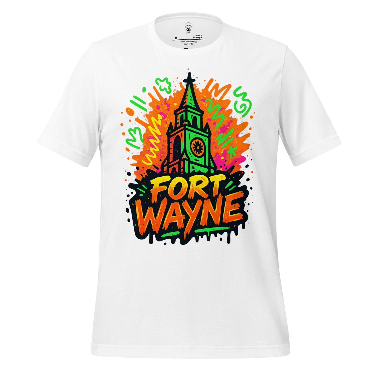 JMK Drip Fort Wayne Graphic T-Shirt with colorful church tower design on white fabric