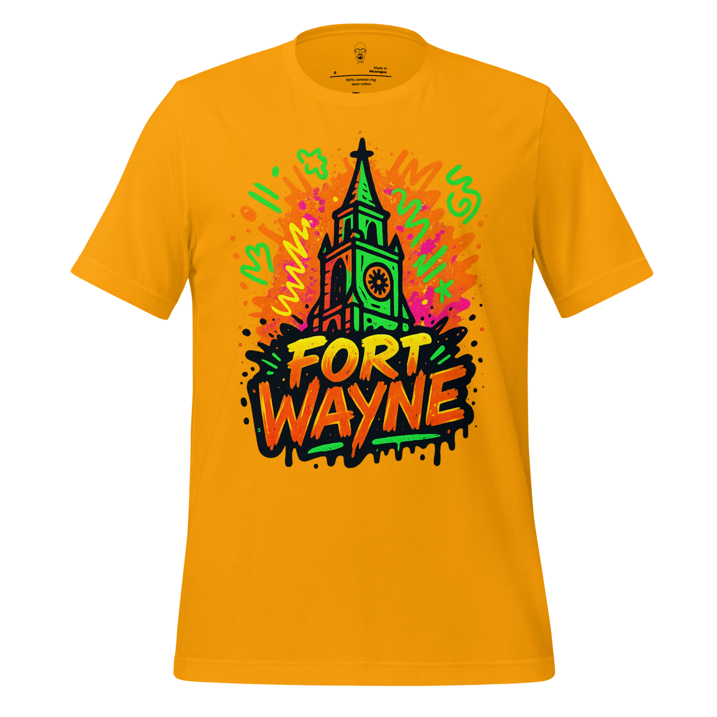 JMK Drip vibrant yellow Fort Wayne Graphic T-Shirt with colorful city tower design