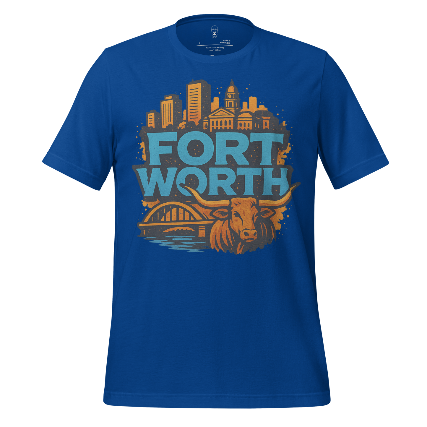 JMK Drip blue Fort Worth t-shirt featuring city skyline and longhorn graphic design
