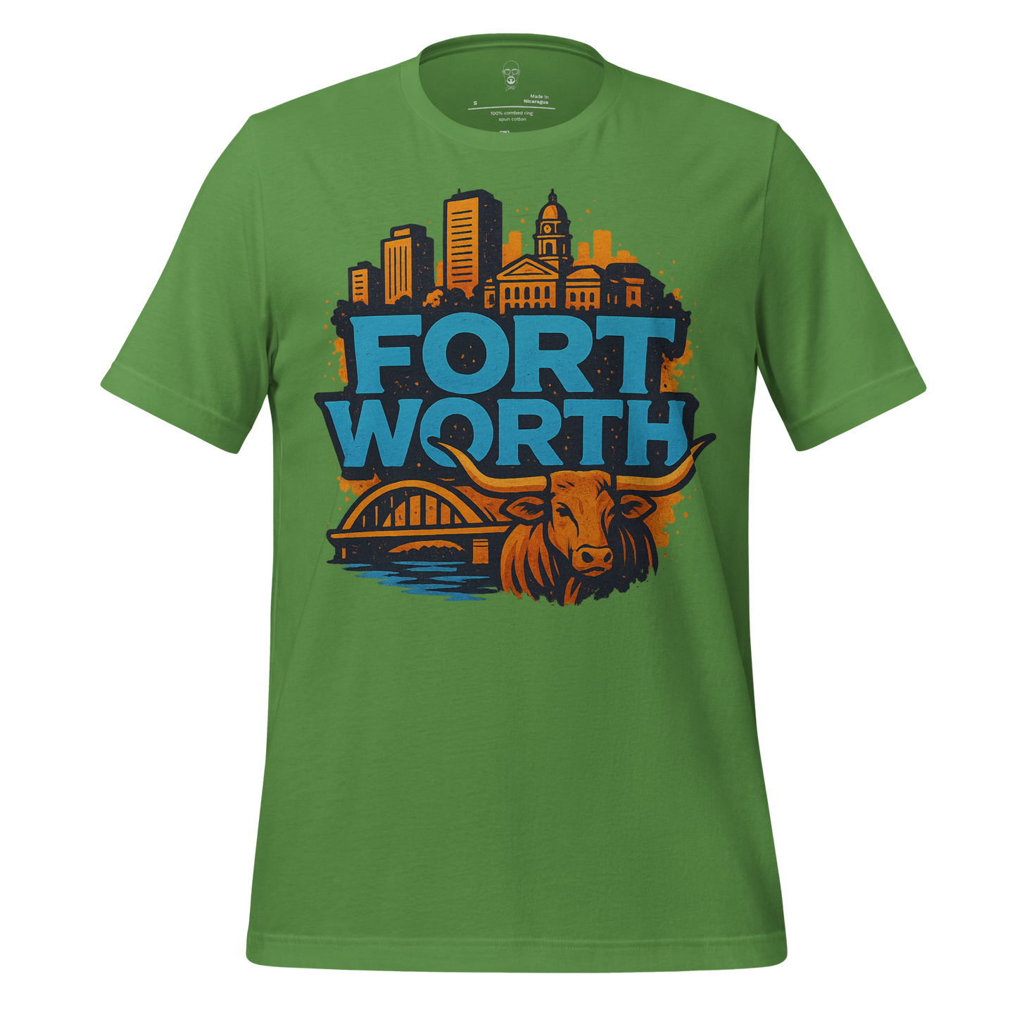 Green Fort Worth t-shirt by JMK Drip featuring city skyline and longhorn graphic
