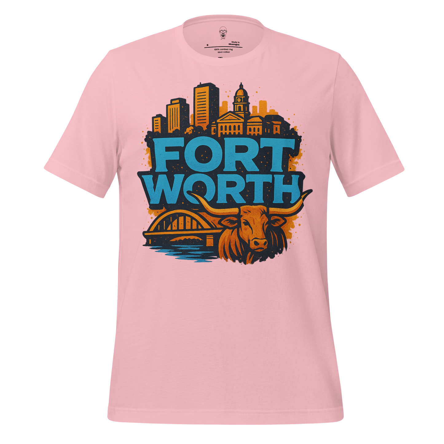 Pink Fort Worth t-shirt by JMK Drip featuring city skyline and longhorn graphic design
