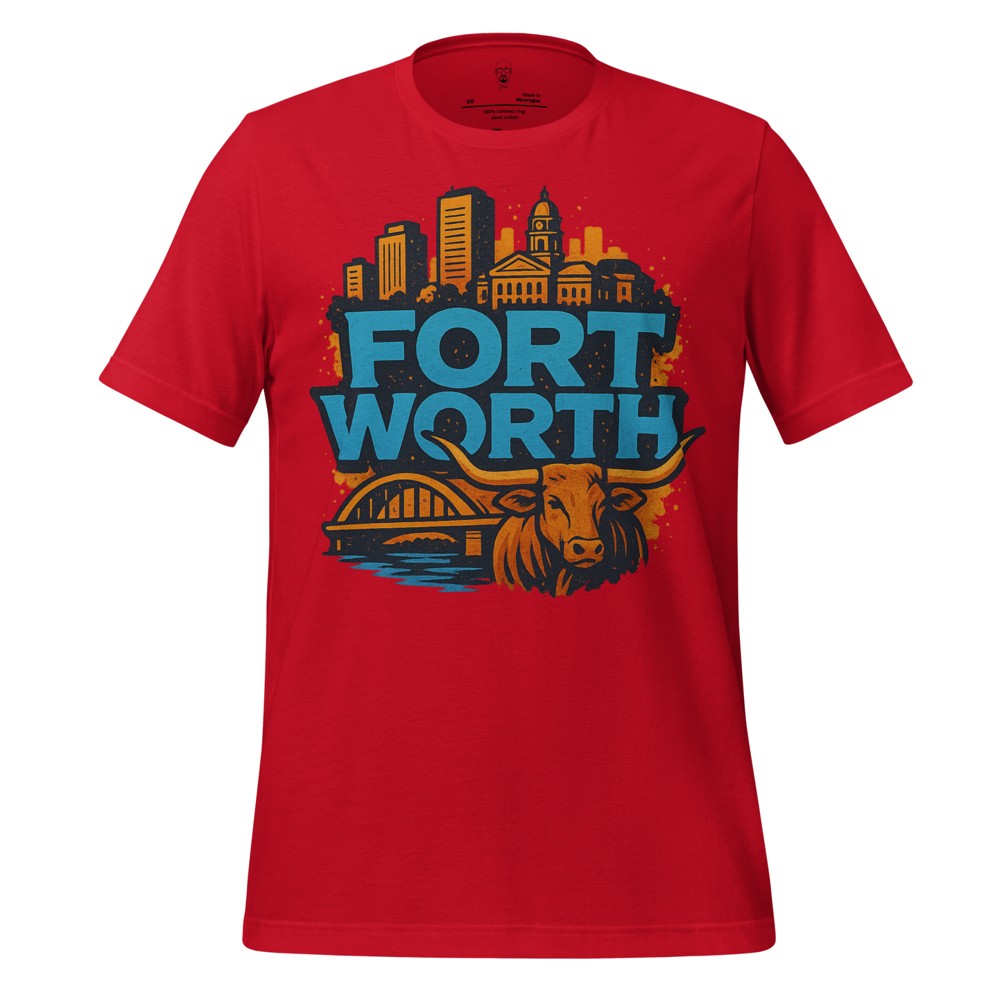 Red Fort Worth t-shirt with city skyline graphic and longhorn illustration by JMK Drip