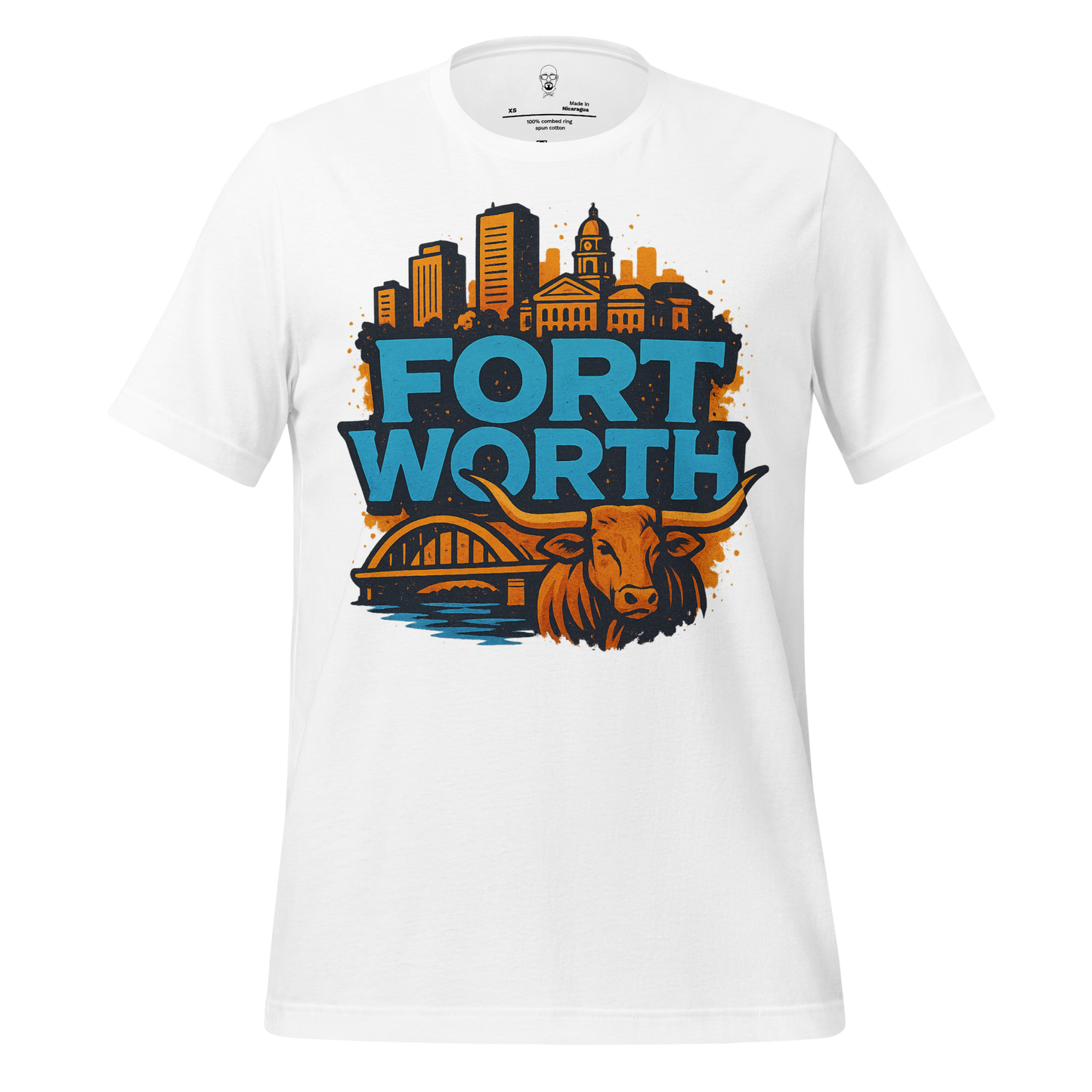 White Fort Worth t-shirt featuring city skyline, bridge, and longhorn graphic in blue and orange