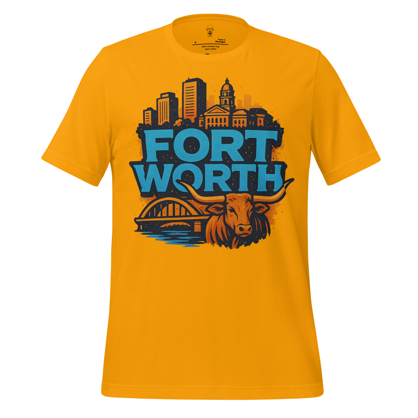 JMK Drip yellow Fort Worth t-shirt featuring city skyline, longhorn, and bridge graphic