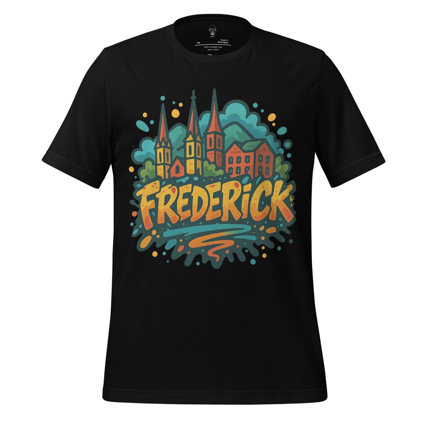 JMK Drip Frederick Graphic T-Shirt with colorful cityscape and bold lettering on black fabric