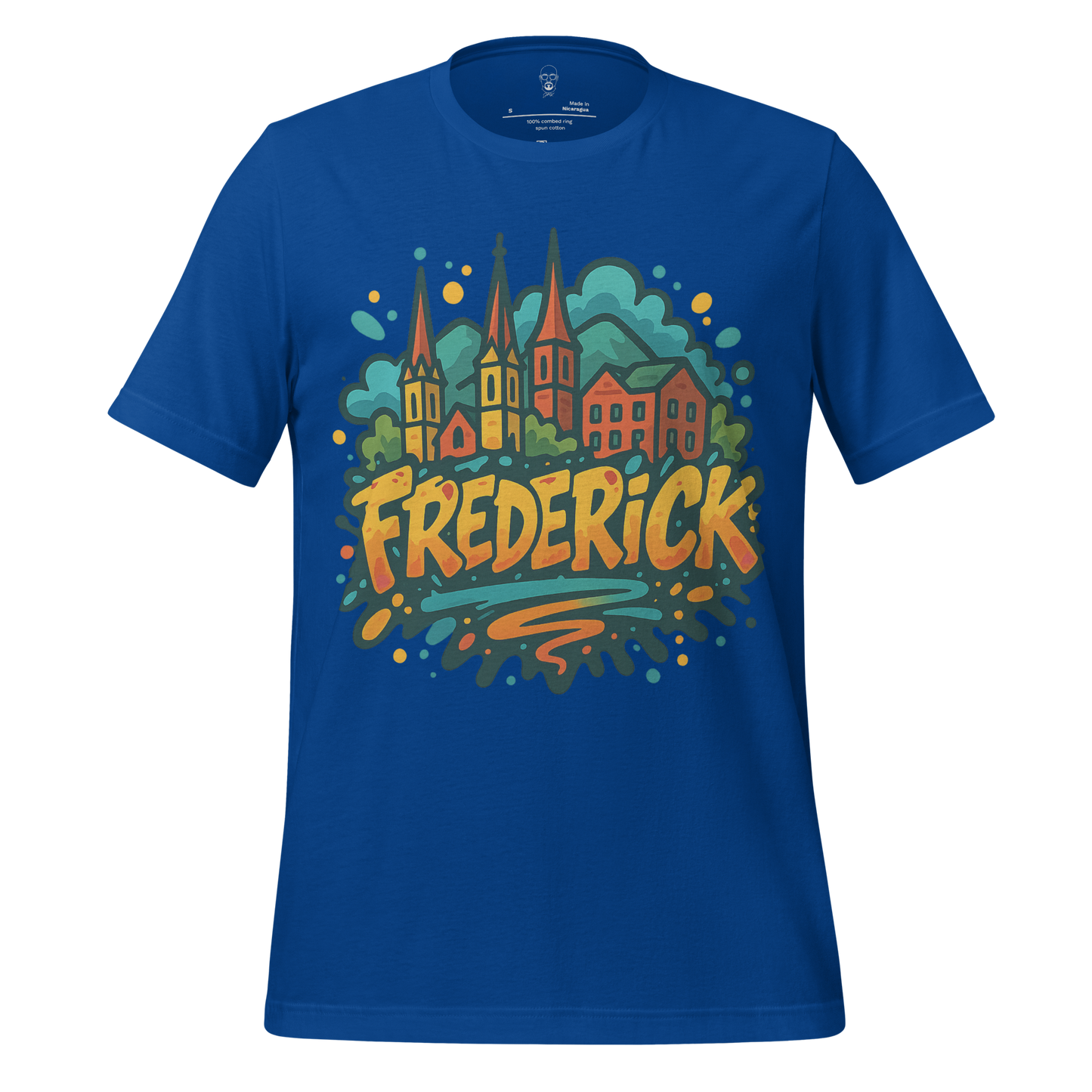 JMK Drip Frederick Graphic T-Shirt in blue with colorful cityscape and bold Frederick text design