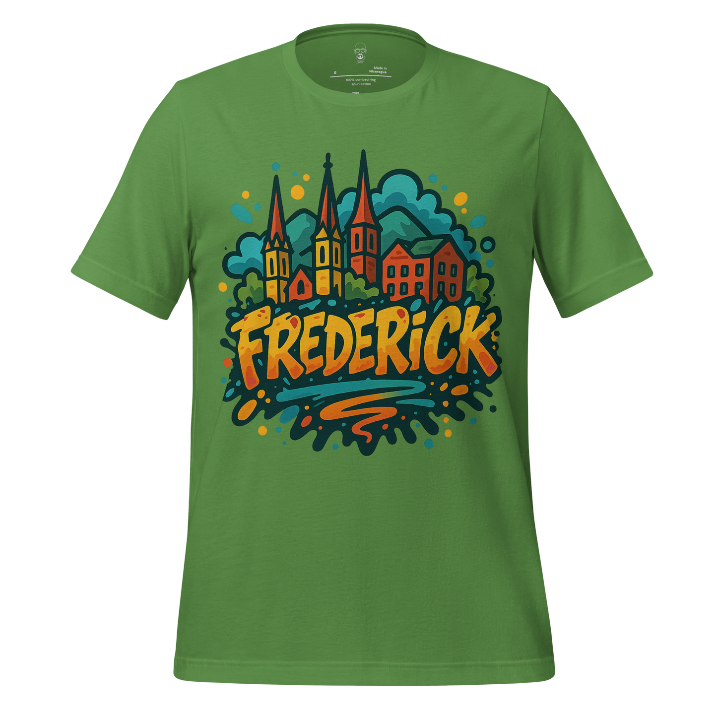 Green Frederick Graphic T-Shirt by JMK Drip with colorful cityscape and bold Frederick text design