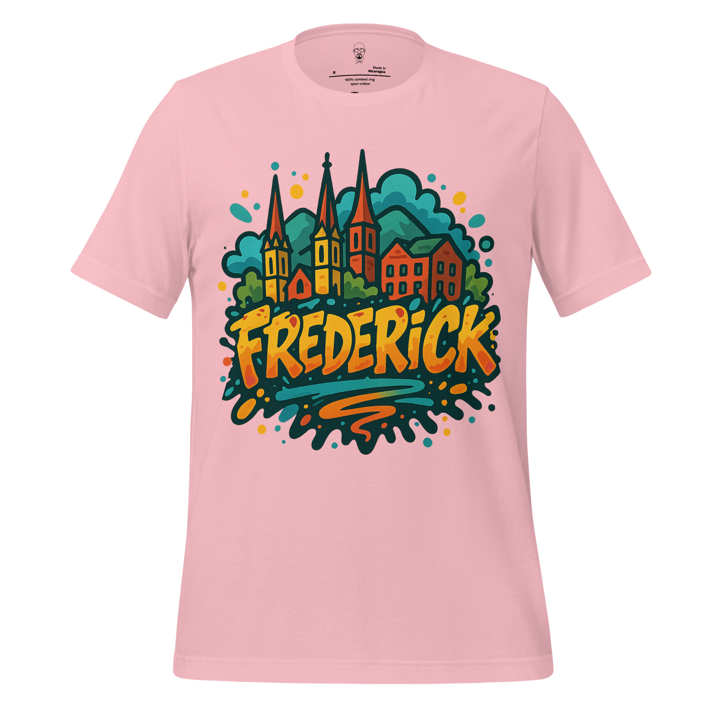 Pink Frederick Graphic T-Shirt by JMK Drip featuring colorful cityscape and bold Frederick text