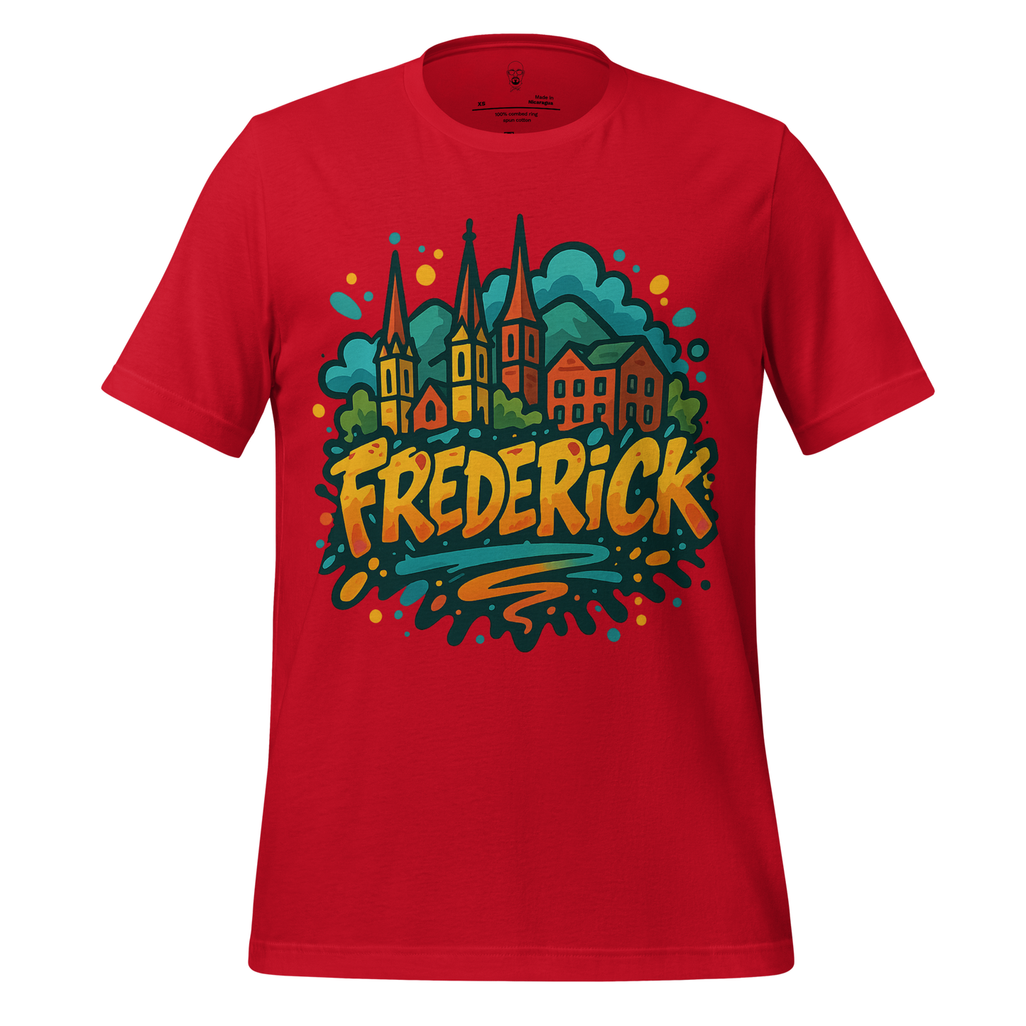 Red Frederick Graphic T-Shirt by JMK Drip with colorful cityscape and bold Frederick text design