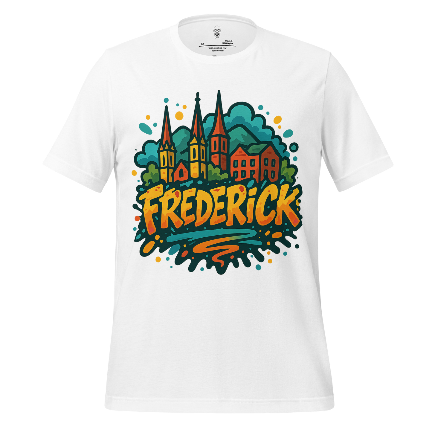 White Frederick Graphic T-Shirt by JMK Drip with colorful cityscape and bold lettering design